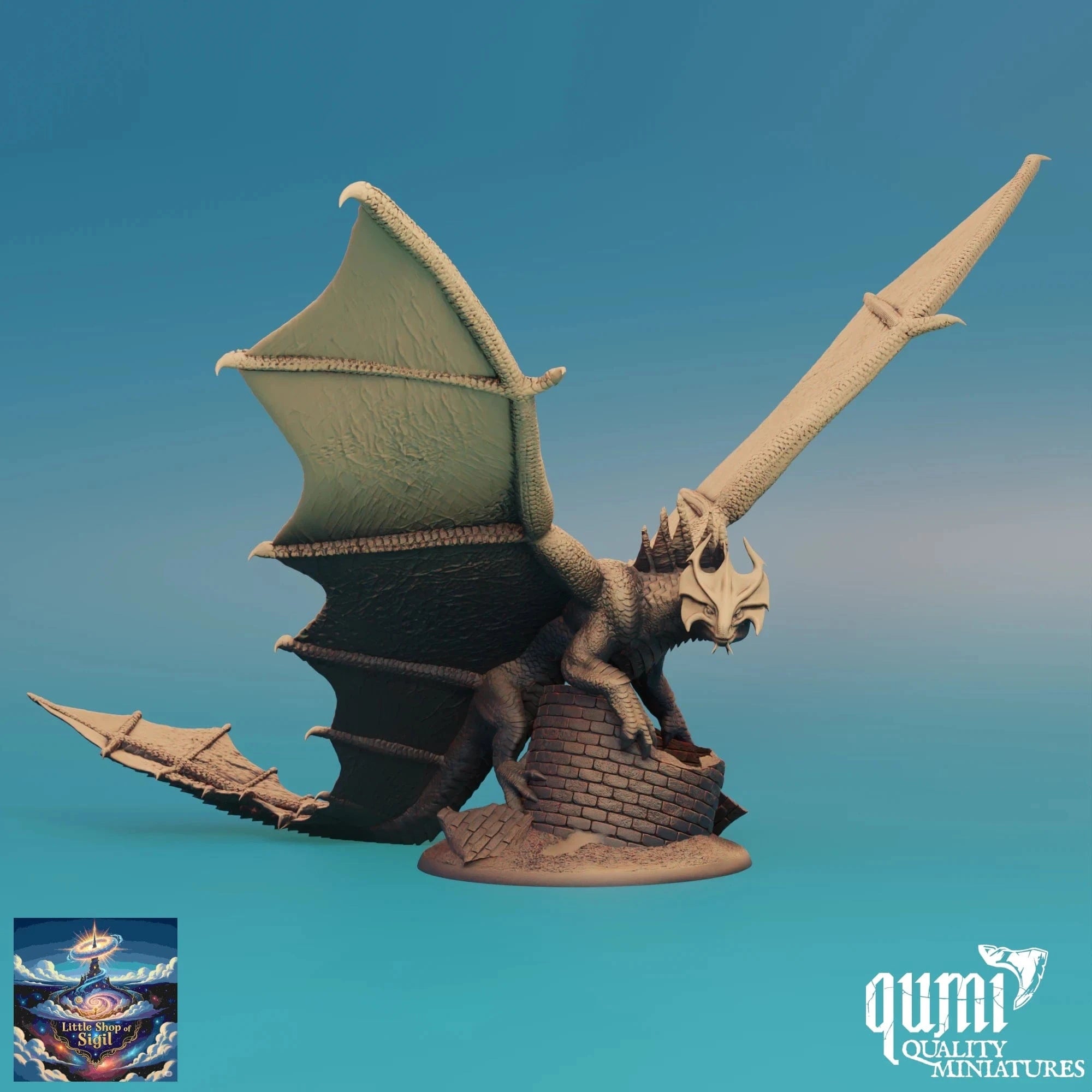 Dragon figurine with a sword on a blue gradient background, featuring the Qumi Quality Miniatures logo.