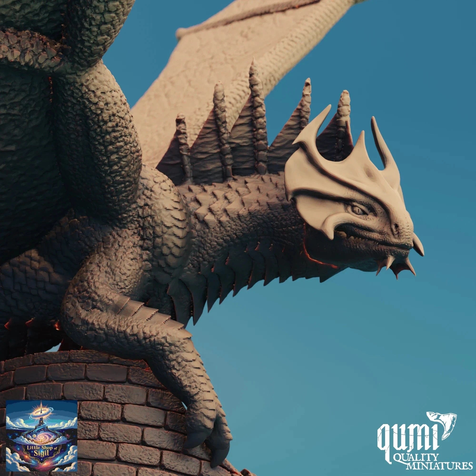 Dragon statue on a roof with clear blue sky