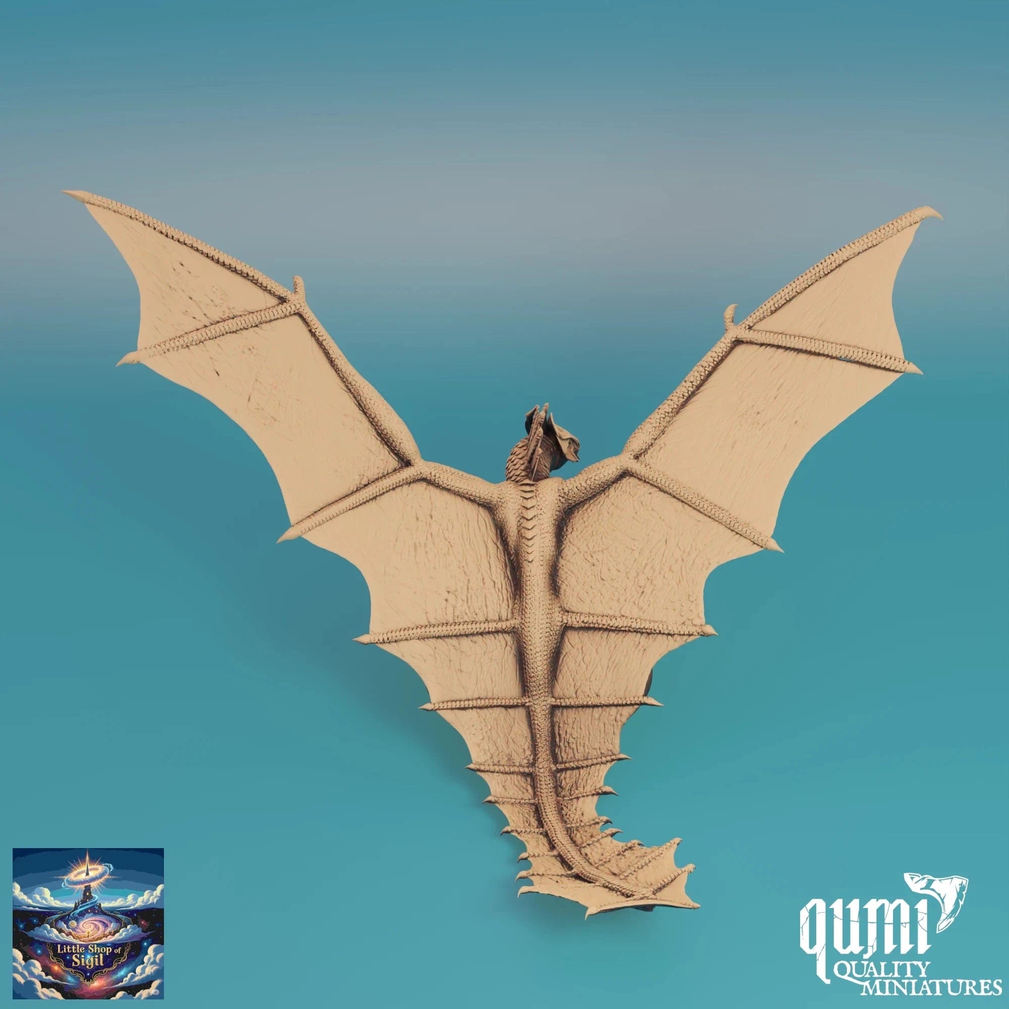 Dragon miniature model on a gradient blue background with 'qumi' branding.