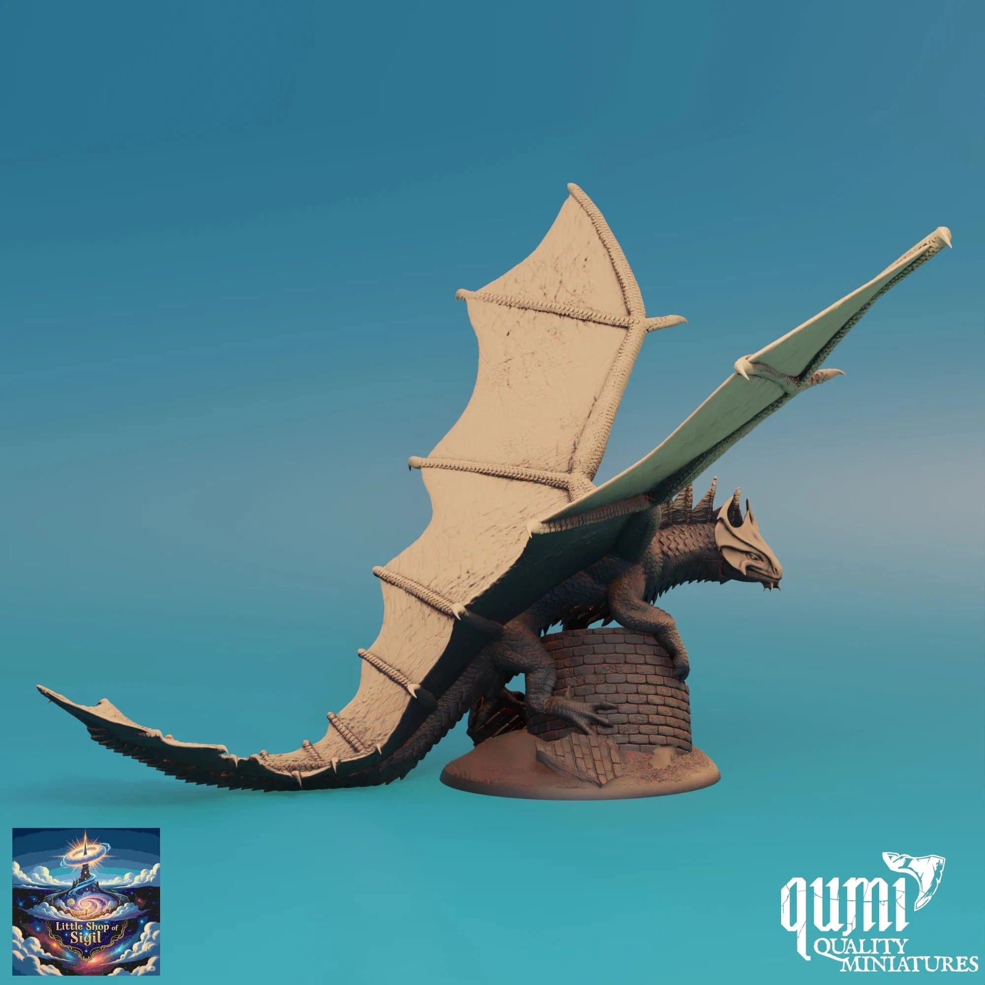 Dragon miniature figurine with open wings on a blue background, featuring the Qumi Quality Miniatures logo.