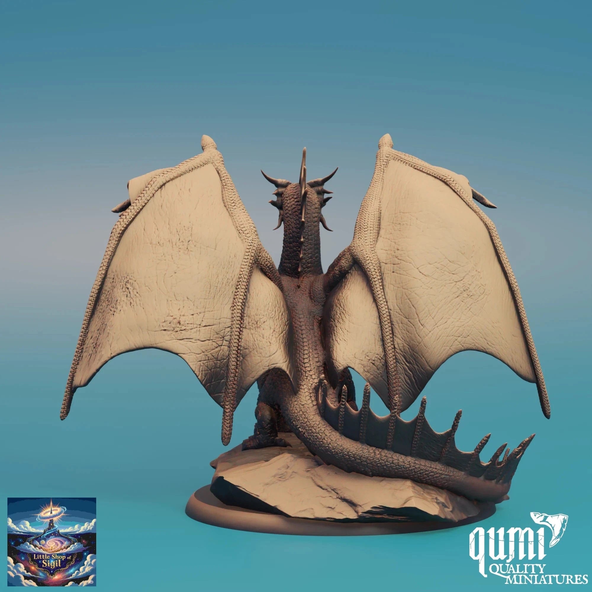 Dragon figurine with open wings on a gradient blue background, featuring the Qumi Quality Miniatures logo.