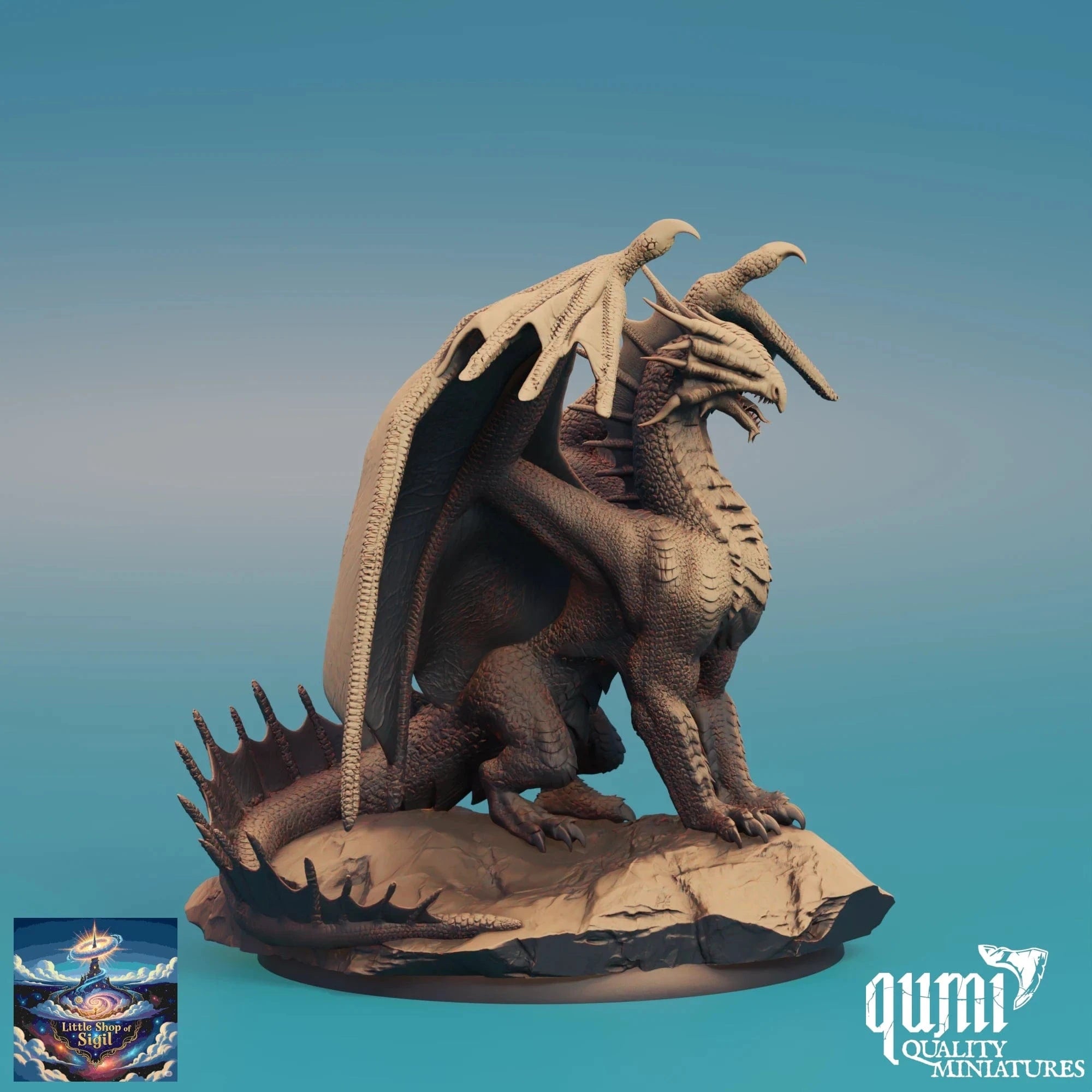 Dragon figurine on a rock with 'qumi Quality Miniatures' branding on a blue gradient background