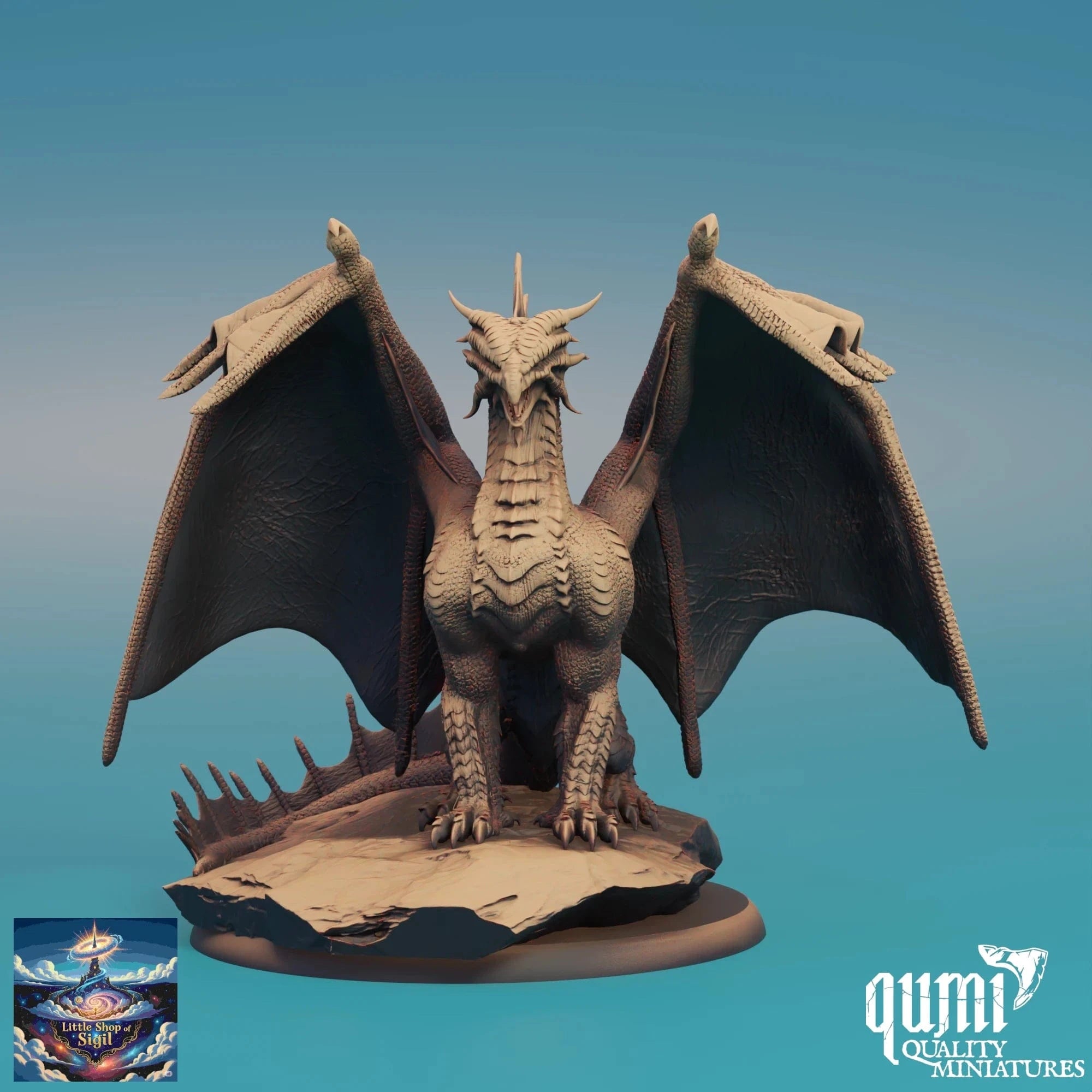 Dragon figurine with open wings on a blue gradient background, featuring the Qumi Quality Miniatures logo.