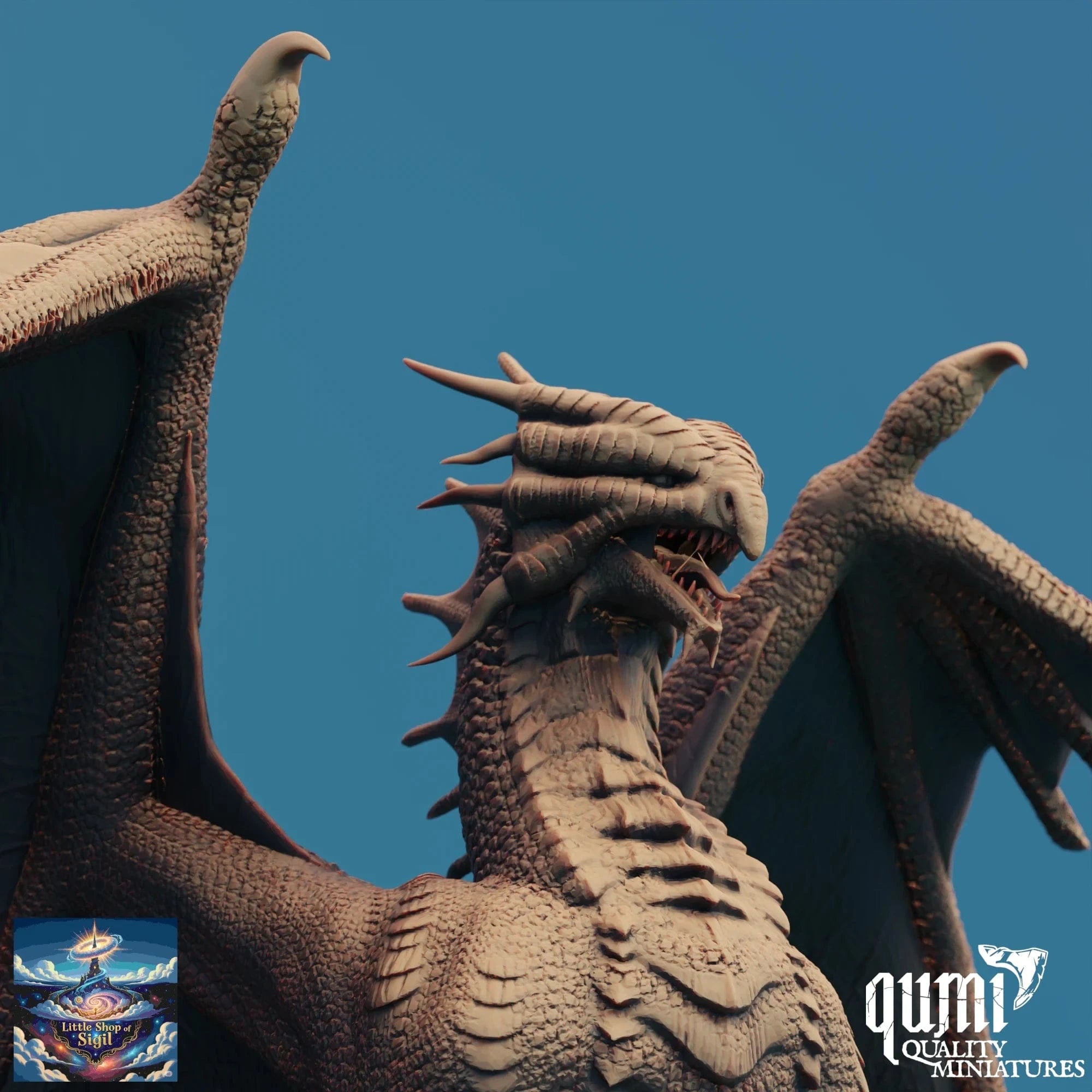 Close-up of a detailed dragon model with 'Qumi Quality Miniatures' branding on a blue background.