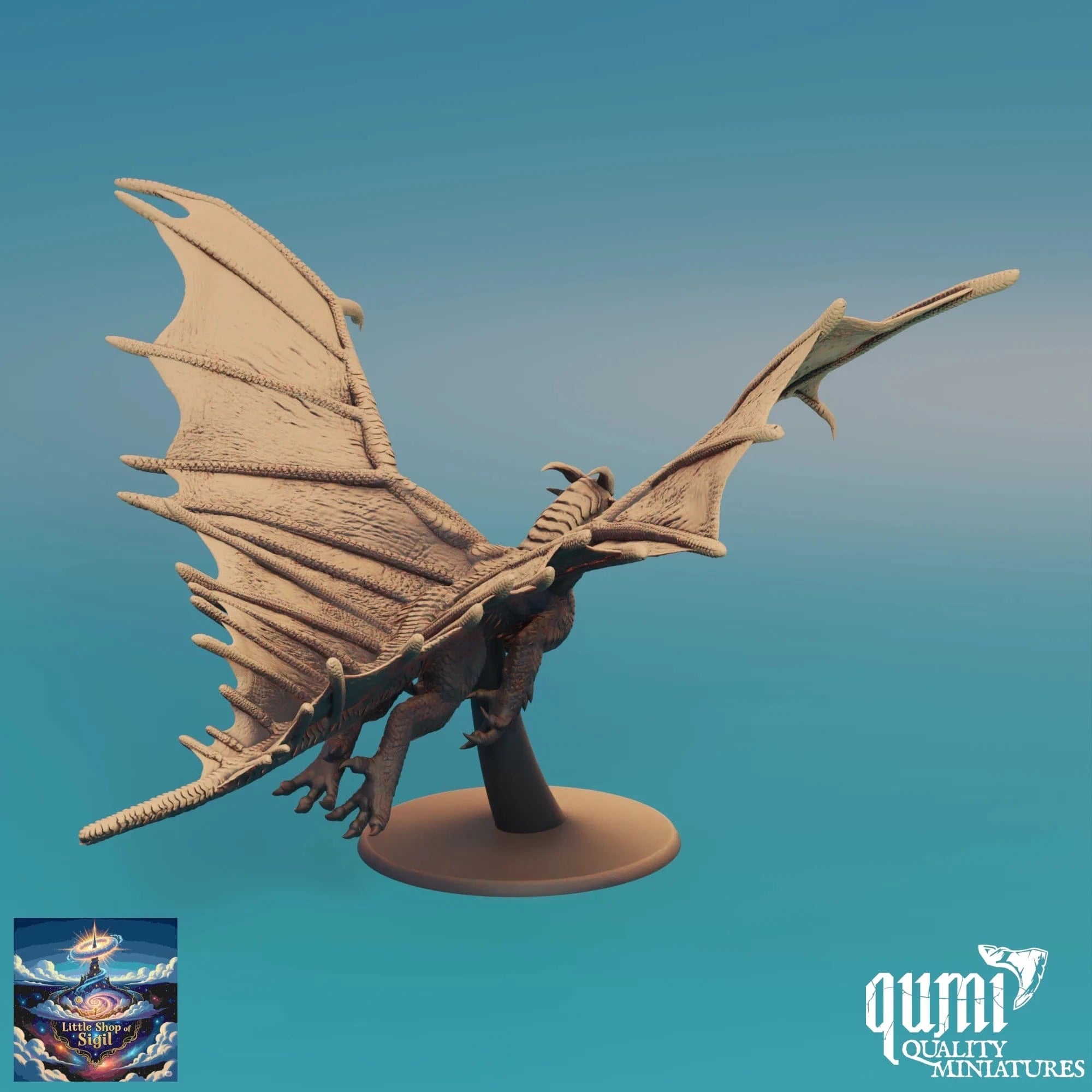 Dragon miniature figurine on a stand with 'qumi Quality Miniatures' branding.