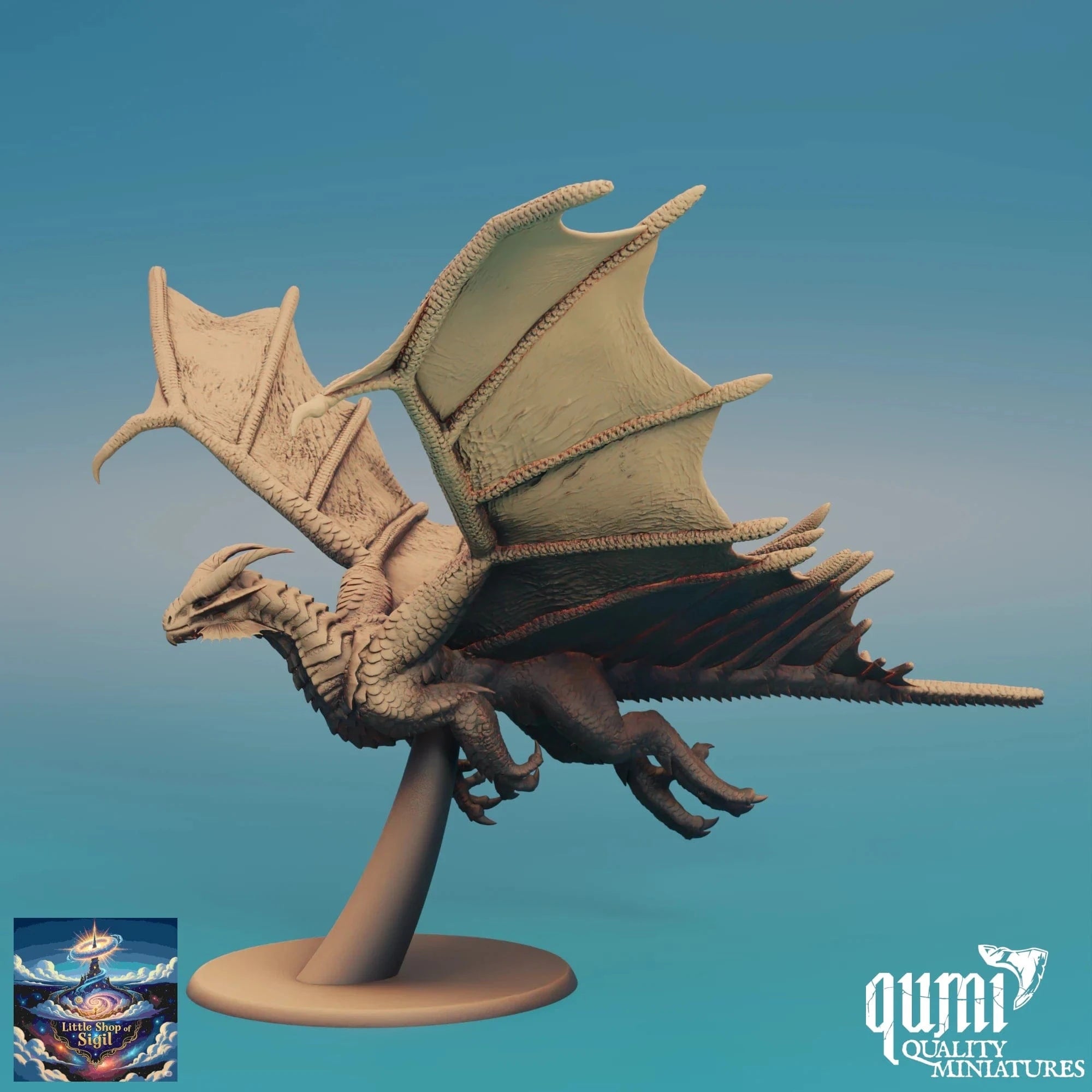 Dragon miniature on a stand with a blue gradient background, featuring the Qumi Quality Miniatures logo.