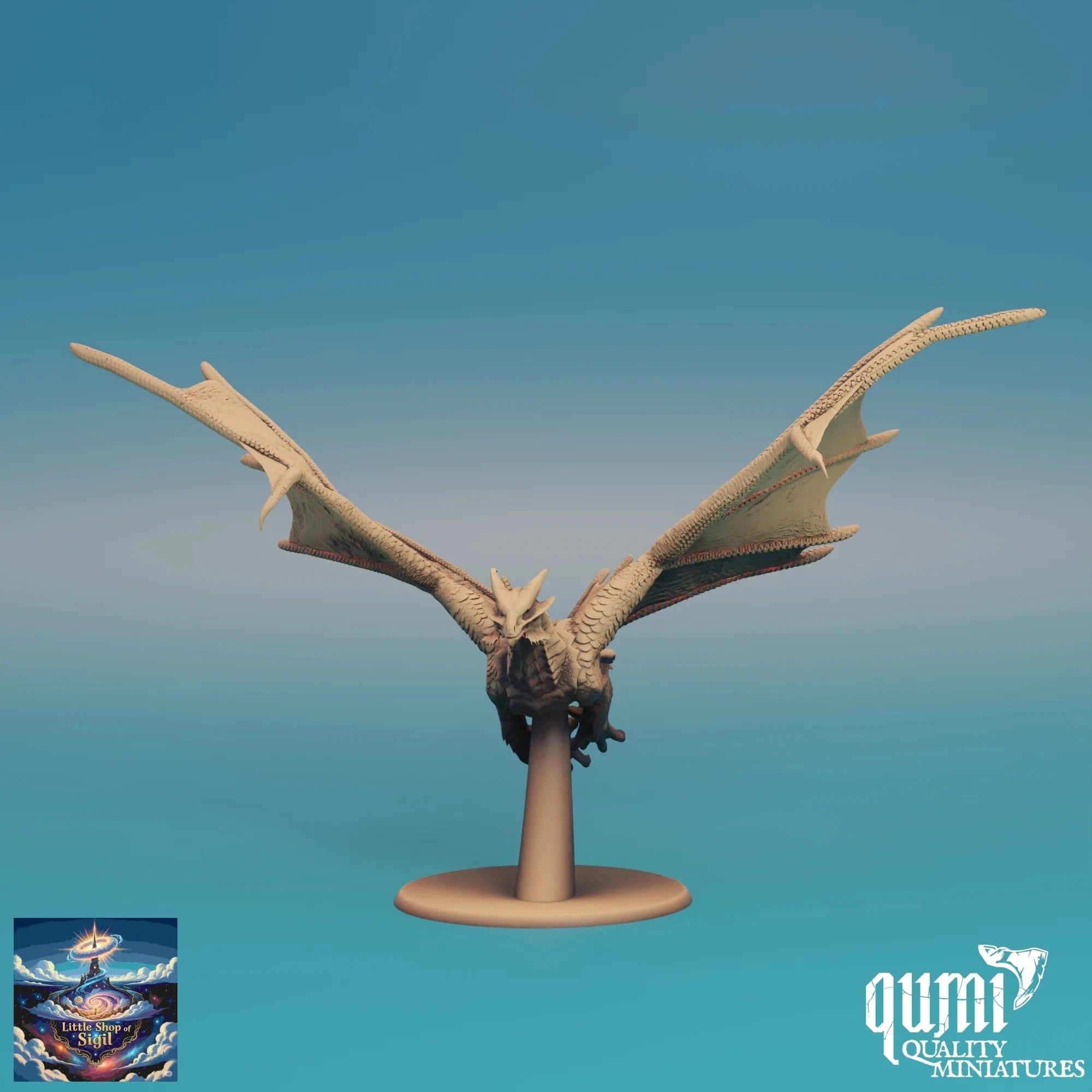Dragon miniature on a stand with a blue gradient background, featuring the Qumi Quality Miniatures logo.