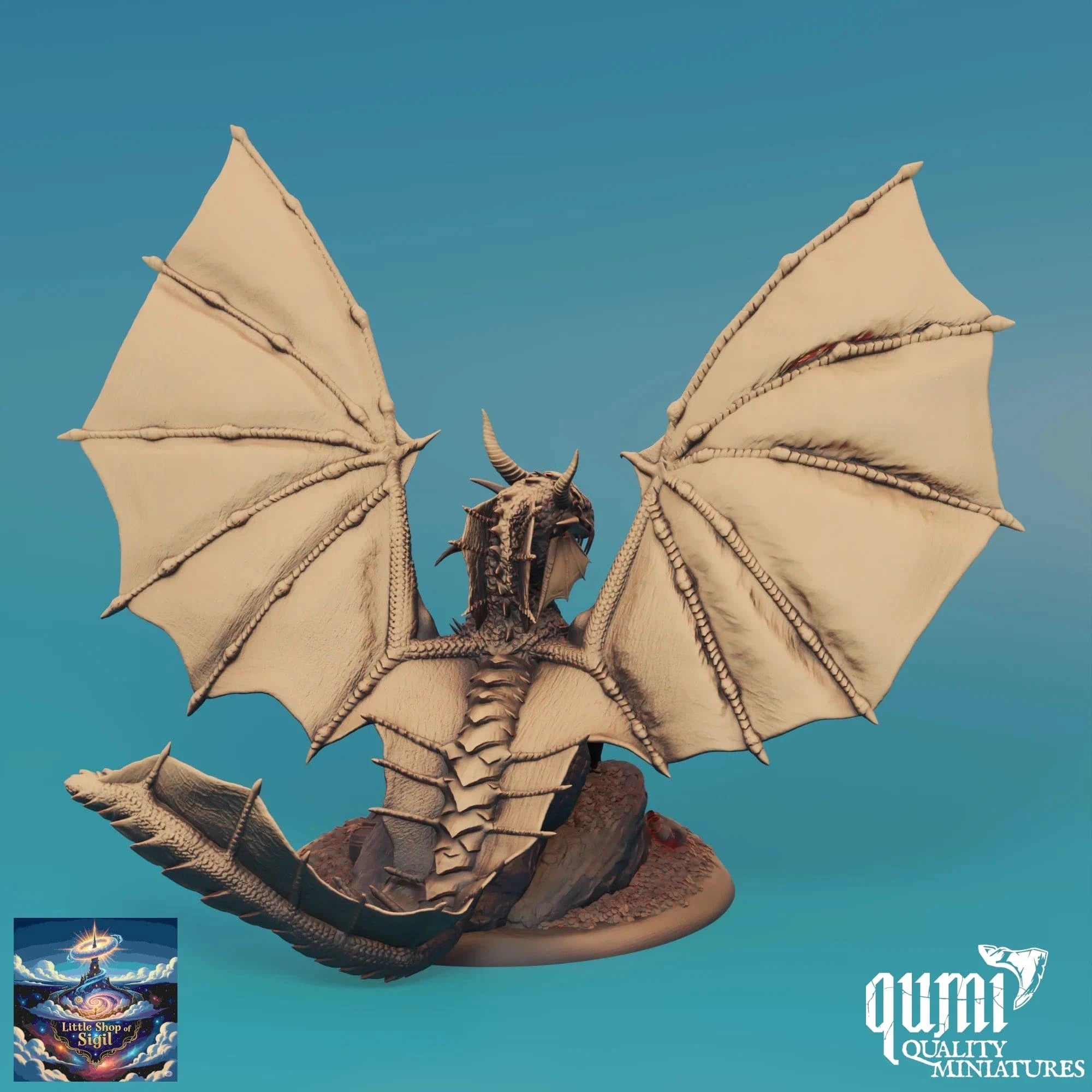 Dragon figurine with open wings on a blue background, featuring the Qumi Quality Miniatures logo.