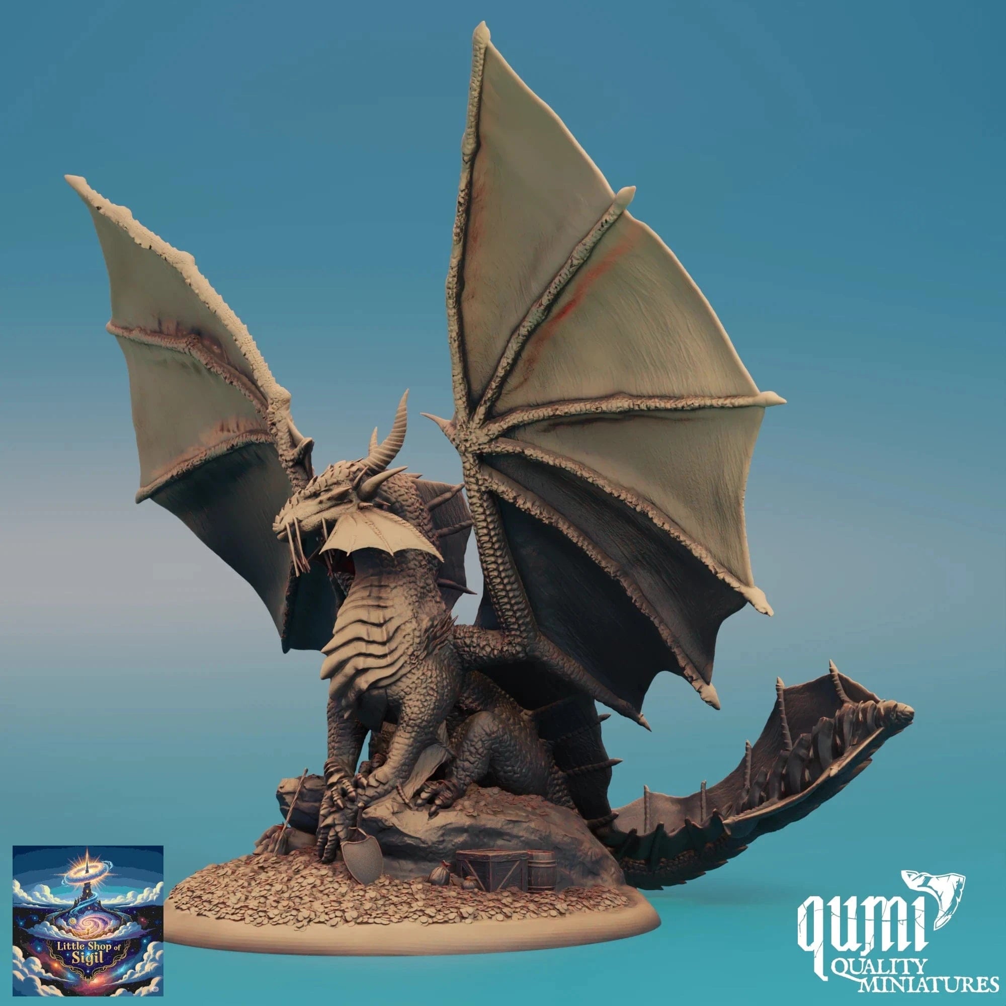 Dragon figurine with detailed wings and scales on a blue gradient background, featuring the Qumi Quality Miniatures logo.