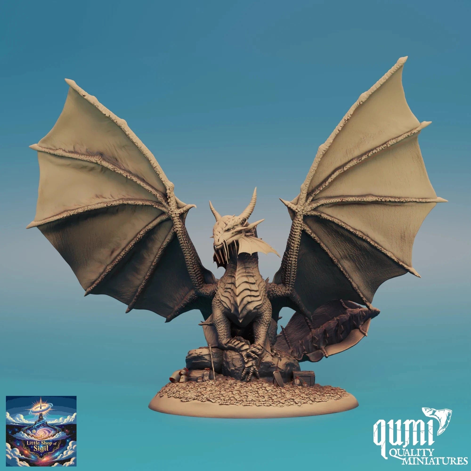 Dragon figurine with open wings on a blue gradient background, featuring the Qumi Quality Miniatures logo.