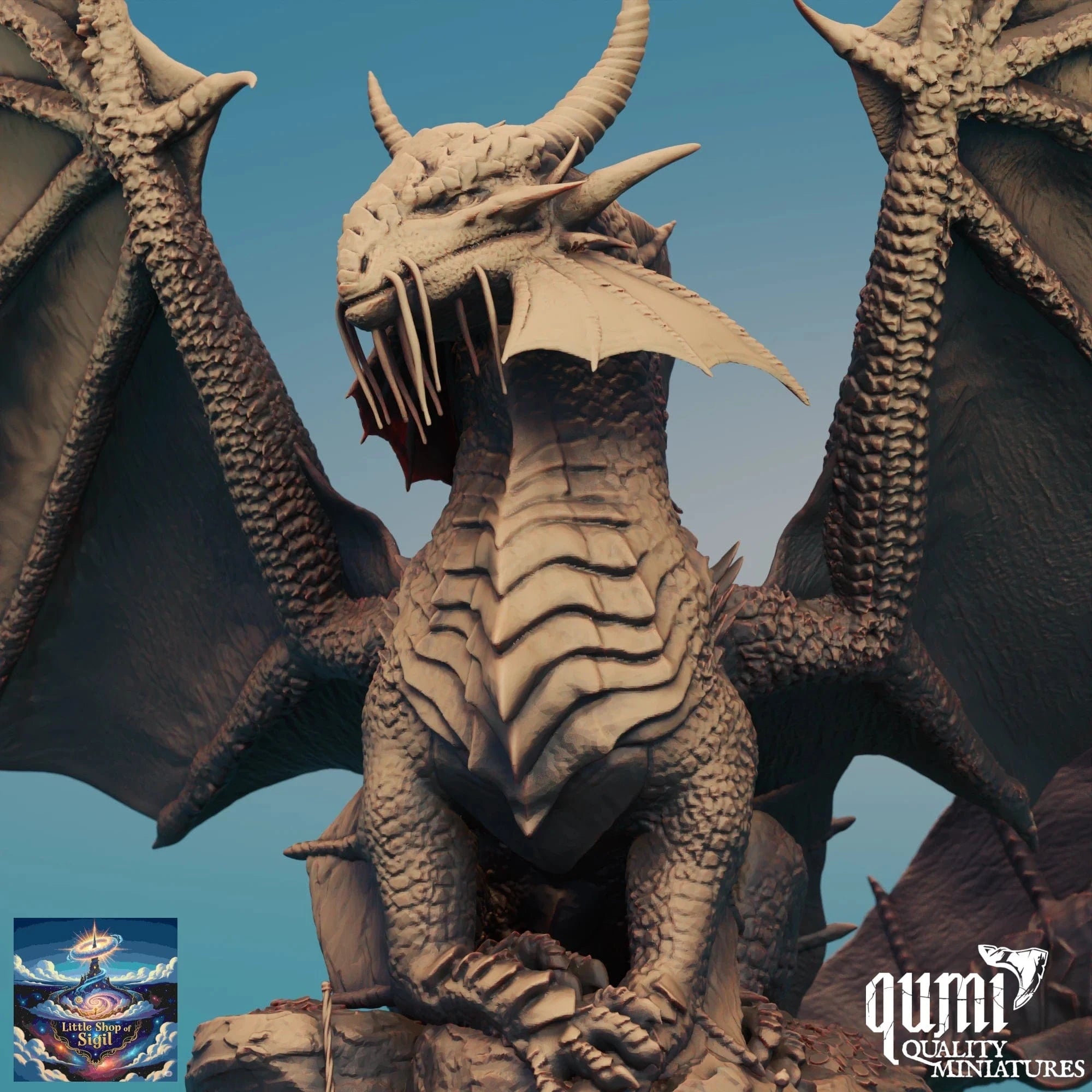  detailed dragon sculpture with 'qumi Quality Miniatures' branding