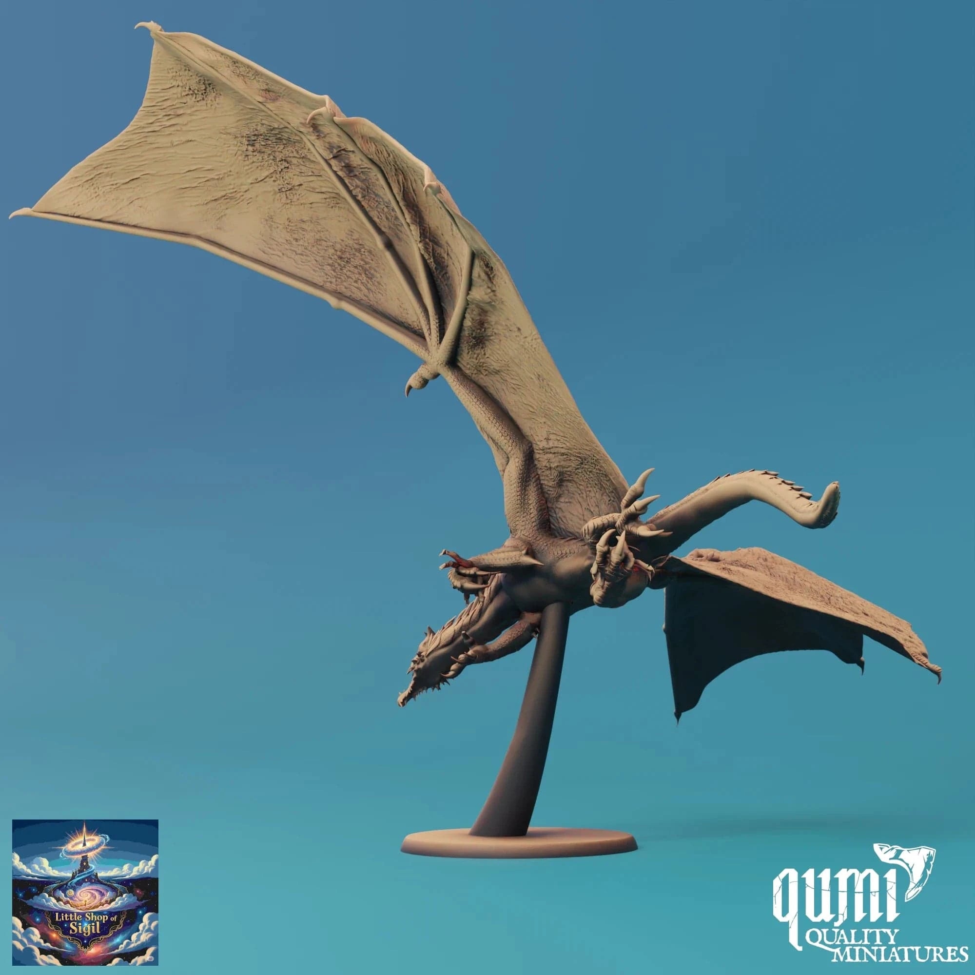 Dragon figurine with open wings on a stand against a blue background, featuring the Qumi Quality Miniatures logo.
