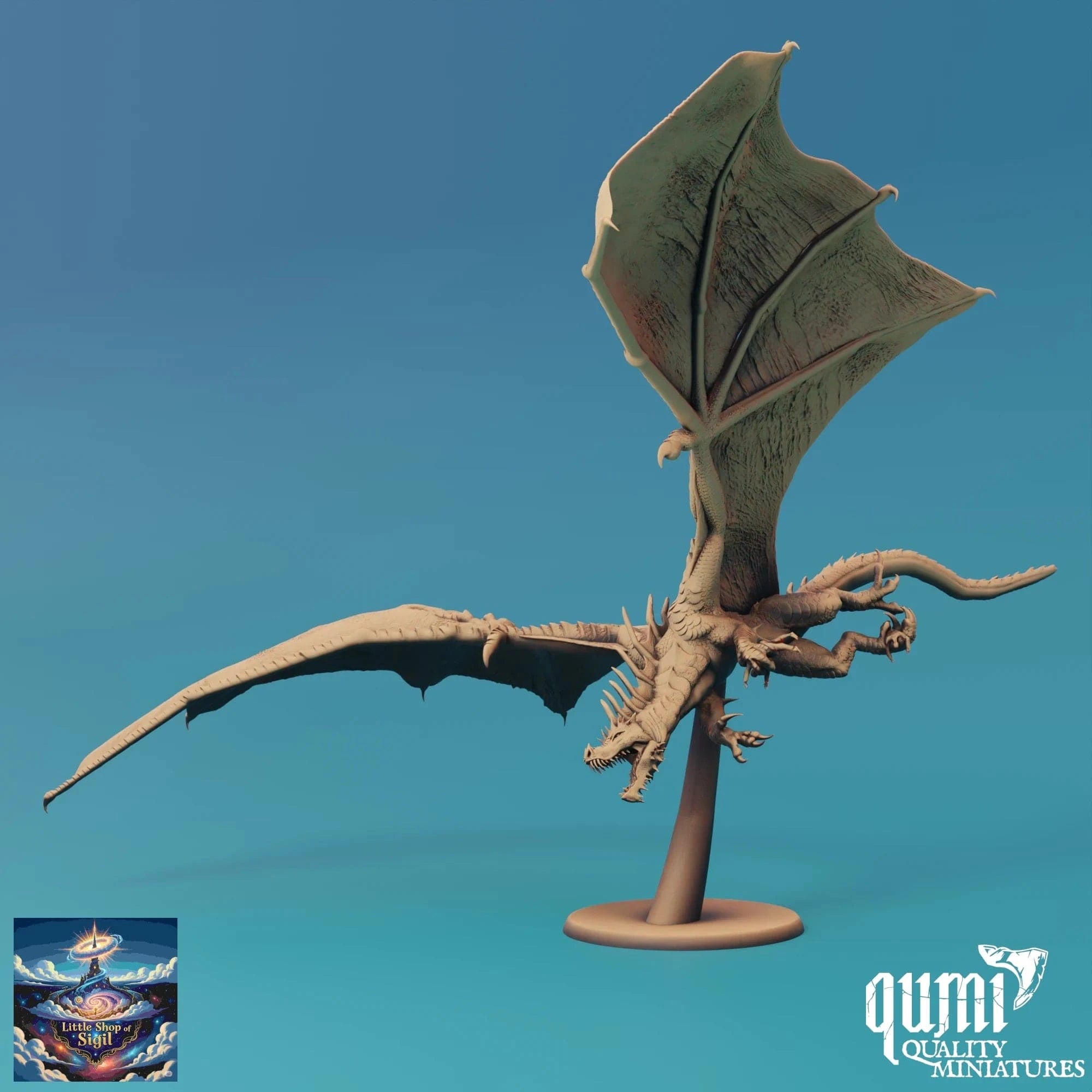 Dragon miniature figure on a stand with a blue gradient background, featuring the Qumi Quality Miniatures logo.