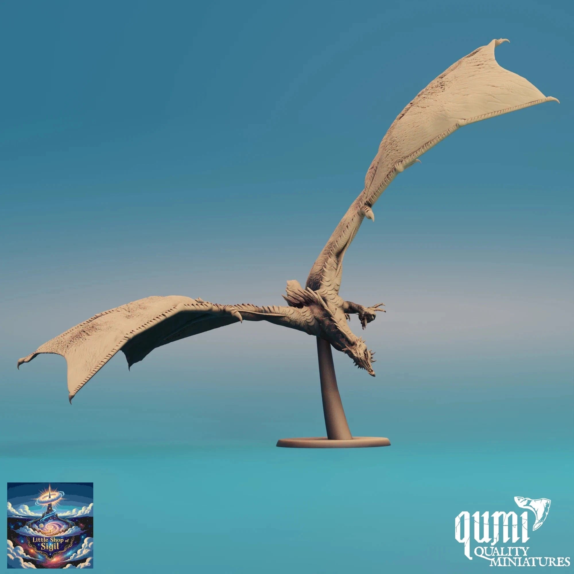 Dragon miniature model on a stand with a blue gradient background, featuring the Qumi Quality Miniatures logo.