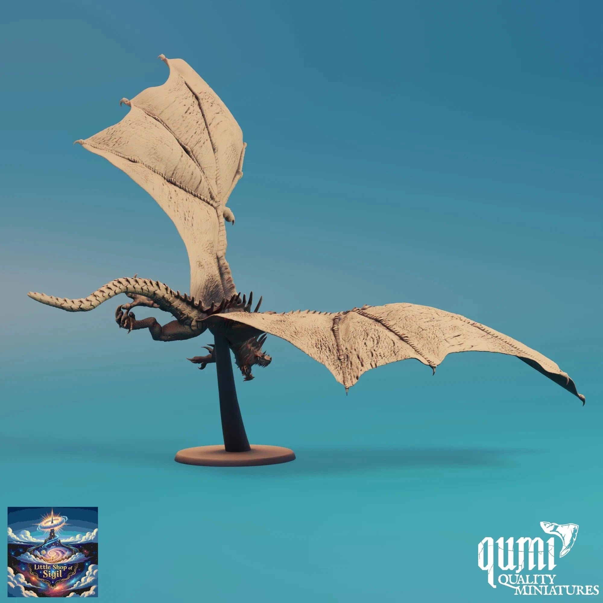 Dragon miniature model on a stand with a blue gradient background, featuring the Qumi brand.