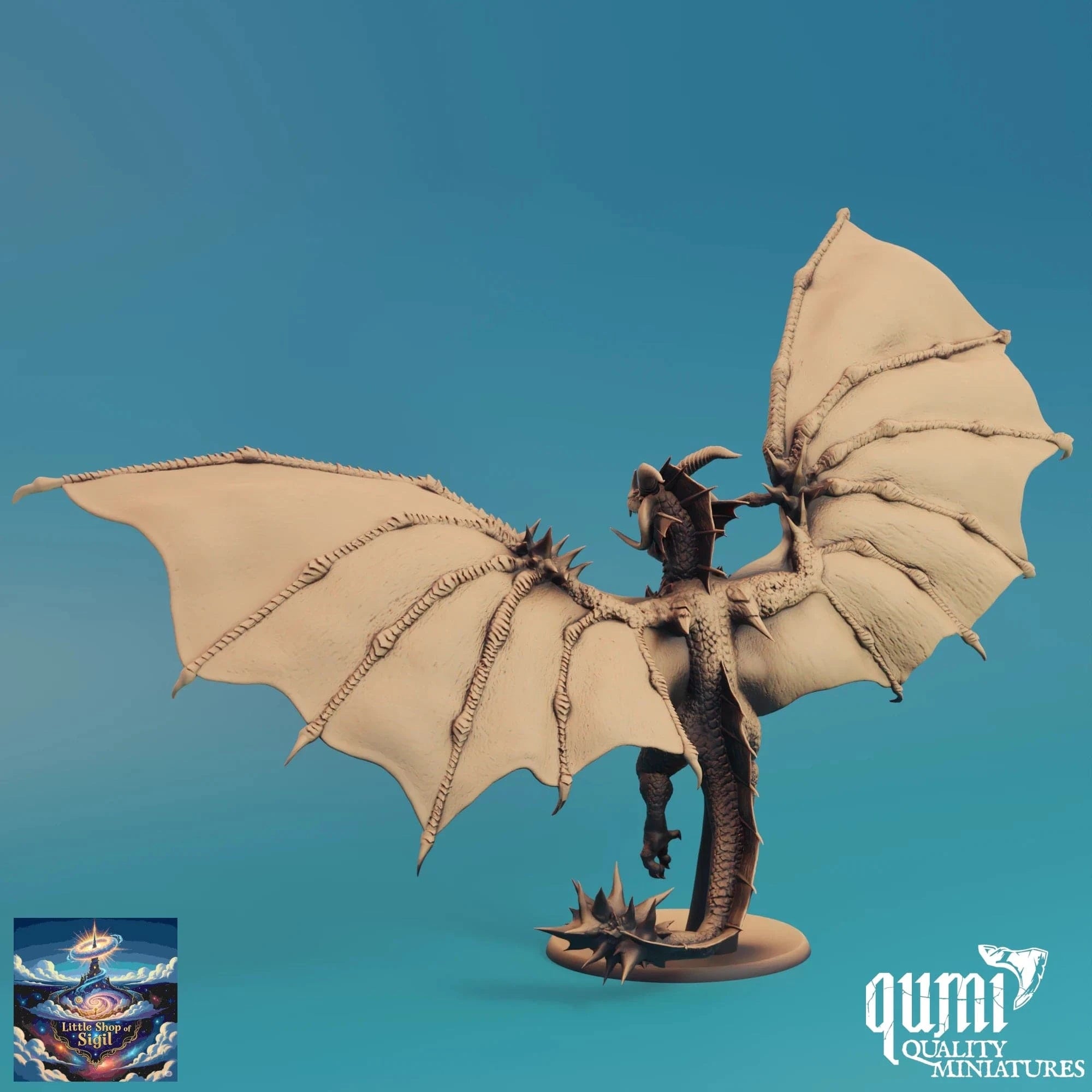 Dragon figurine with open wings on a blue background, featuring the Qumi Quality Miniatures logo.