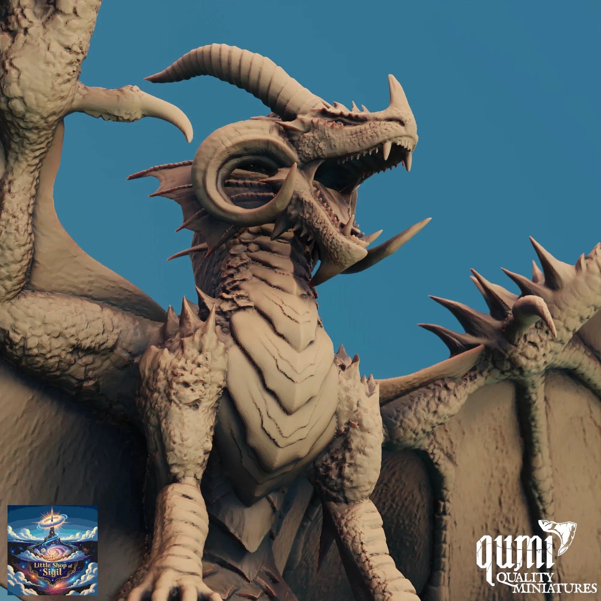 Dragon figurine with detailed scales and horns against a blue background, featuring the Qunior brand.