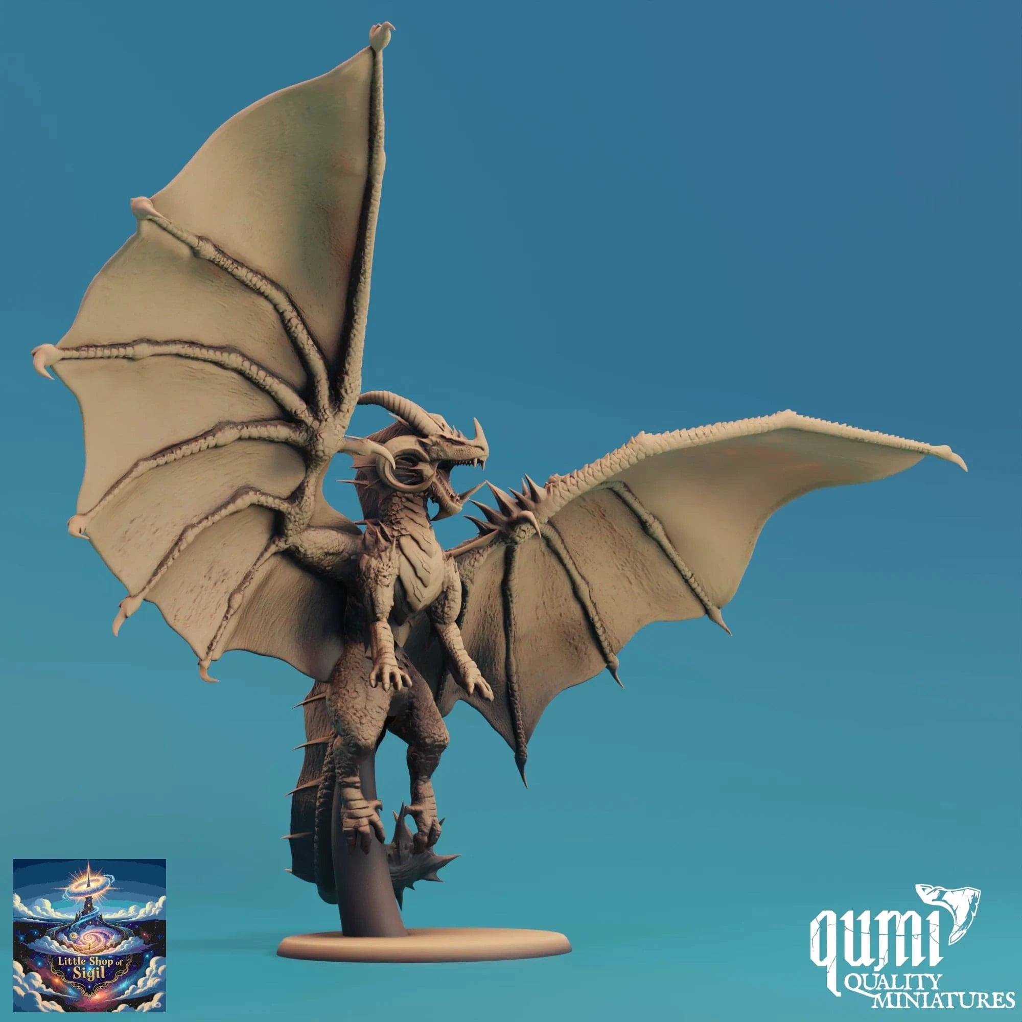 Dragon figurine with open wings on a blue background, featuring the Qumi Quality Miniatures logo.