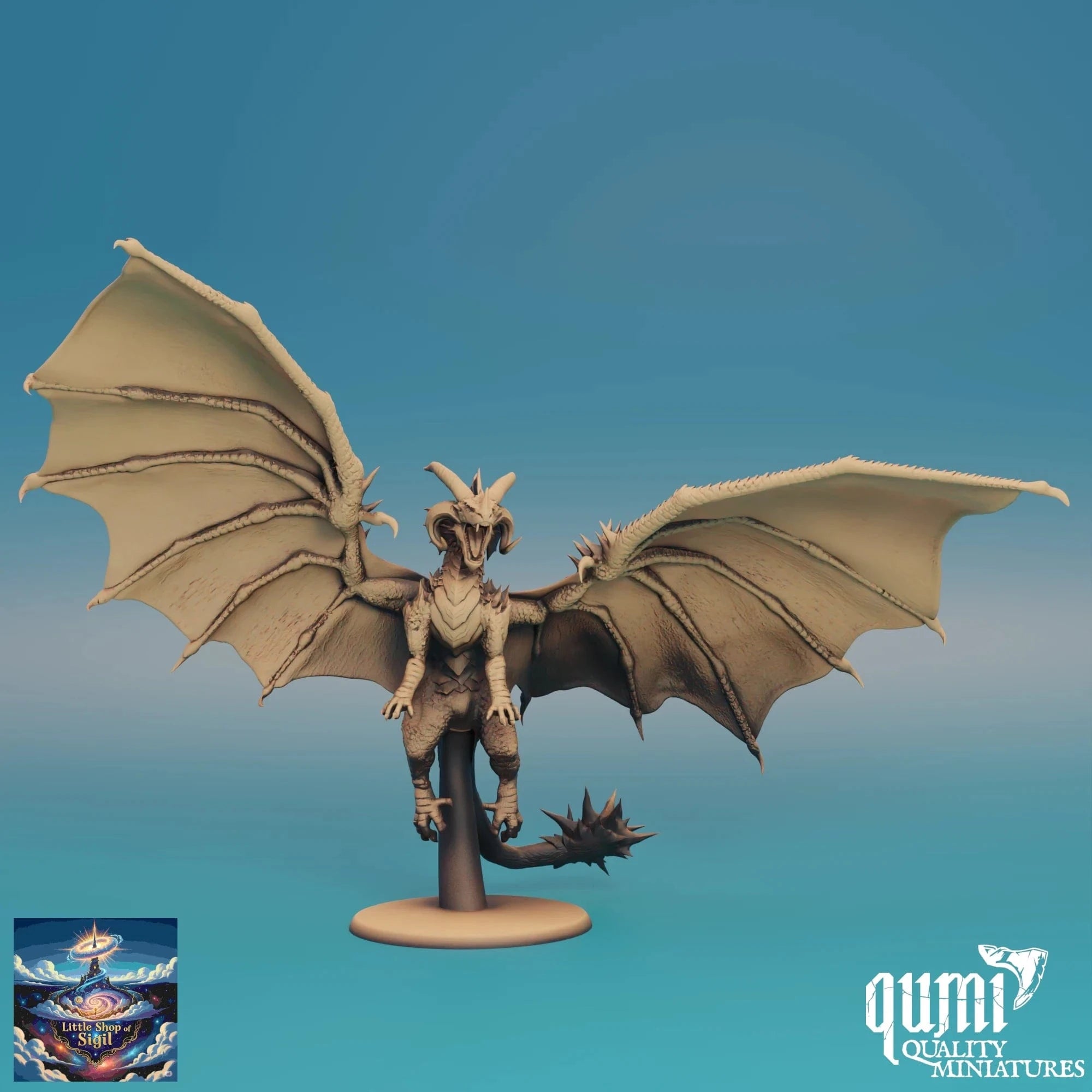 Dragon figurine with open wings on a blue gradient background, featuring the Qumi Quality Miniatures logo.