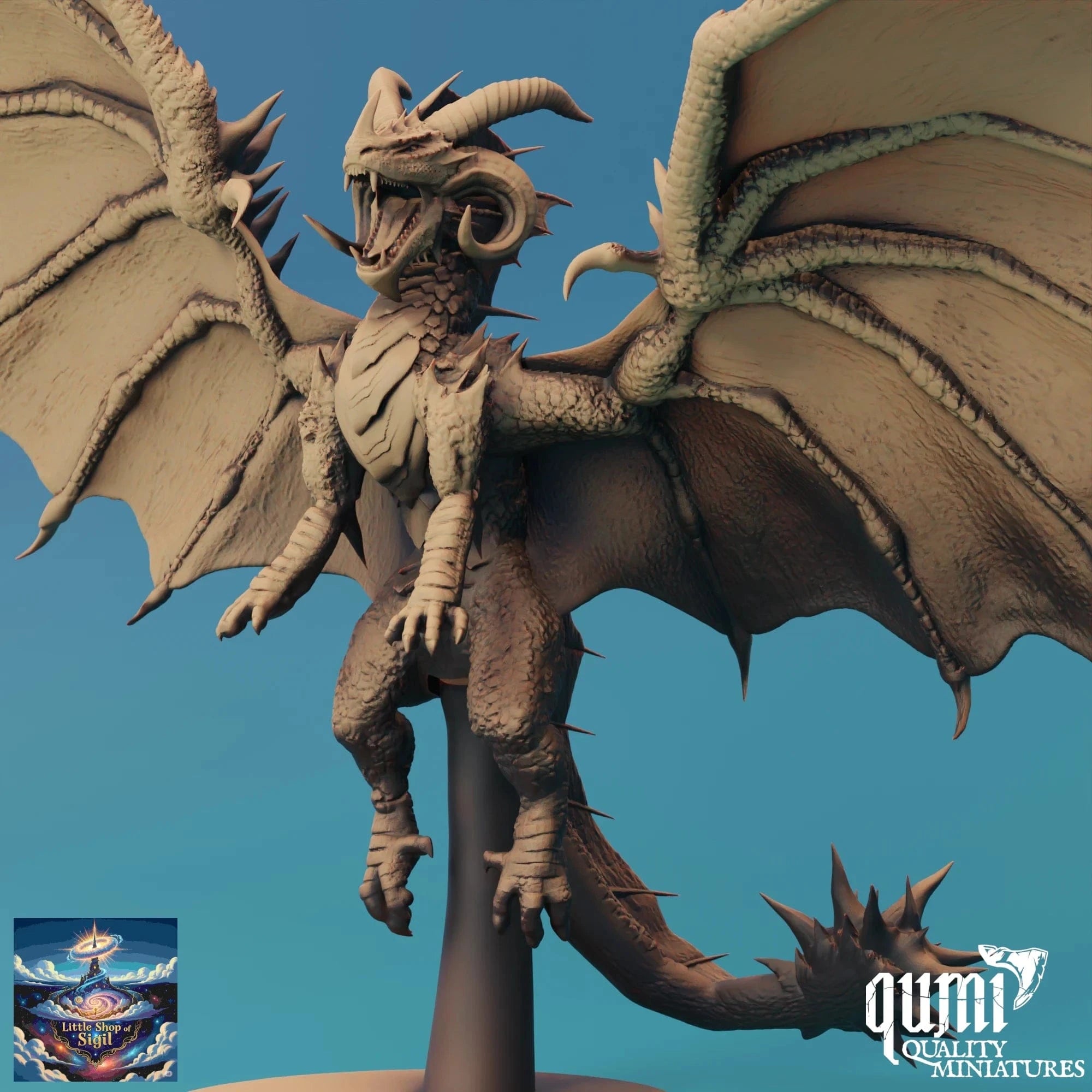 Dragon figurine with detailed scales and wings on a blue background, featuring the Qumi brand.