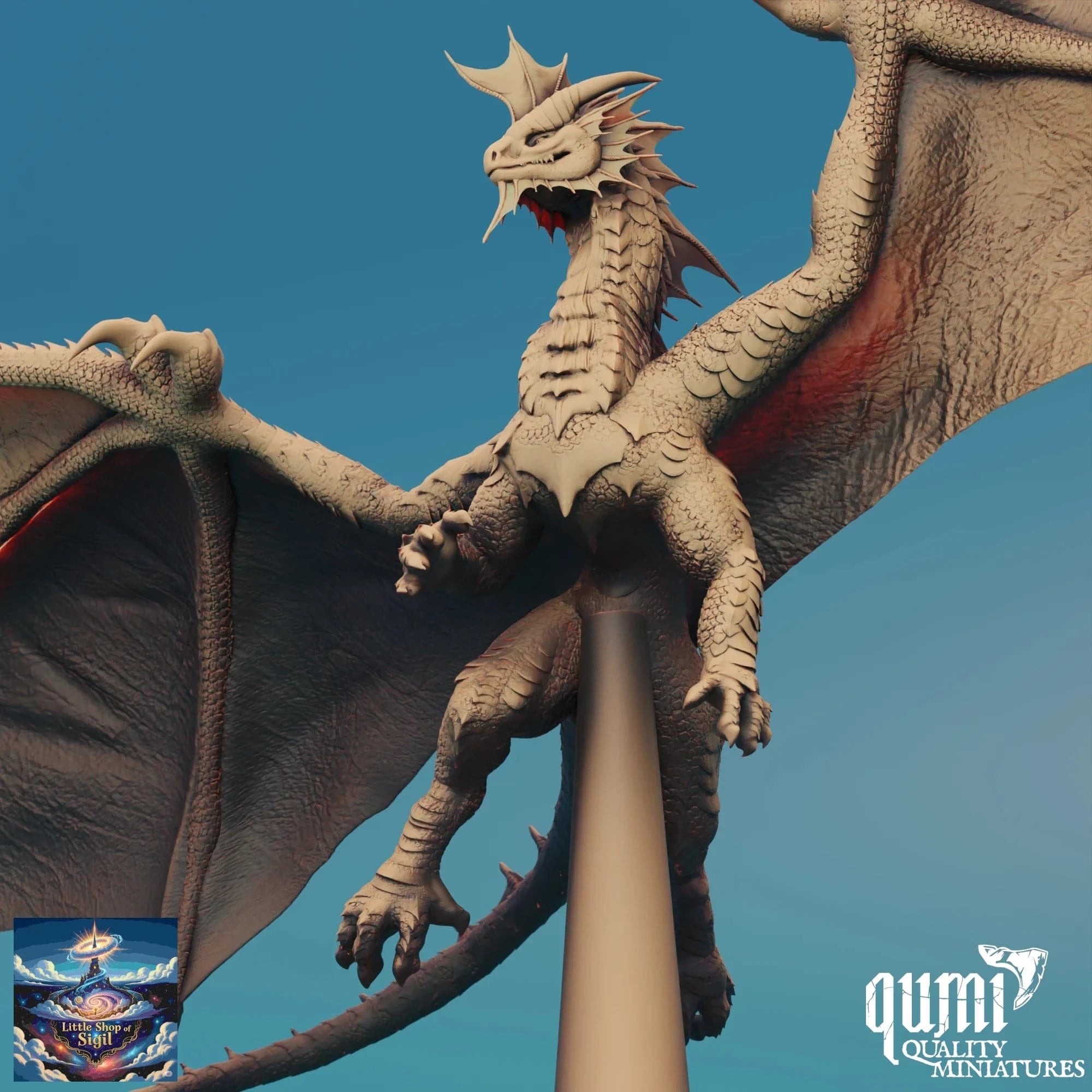 Dragon figurine with open wings against a blue sky, featuring the Qumi Quality Miniatures logo.