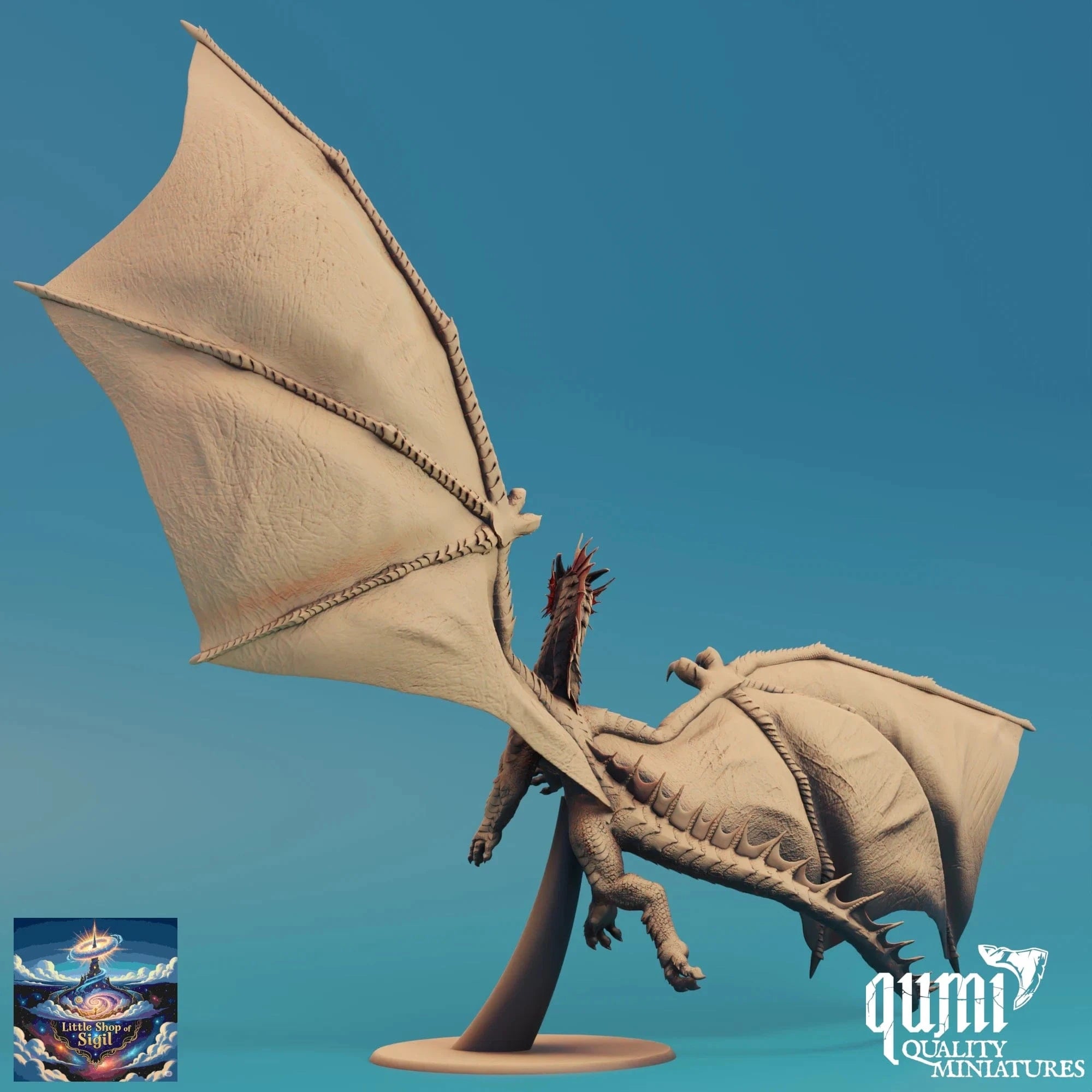 Dragon miniature figurine with open wings on a blue background, featuring the Qumi Quality Miniatures logo.