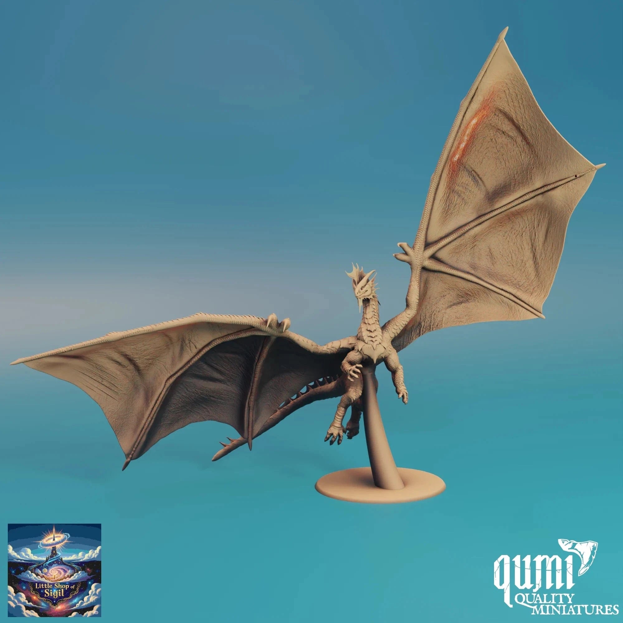 Model dragon figurine with open wings on a blue gradient background, featuring the Qumi Quality Miniatures logo.