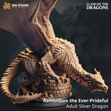 Azmordion the Ever-Prideful adult silver dragon miniature perched on a ruined stone tower base.