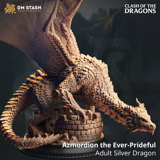 Dragon Miniature Azmordion Adult Silver Dragon Qumi DM Stash Quality Miniatures - Qumi Wargaming Mini Model Figure