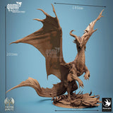 Bronze dragon miniature showing height of 200mm and wingspan of 185mm measurements on a blue background.