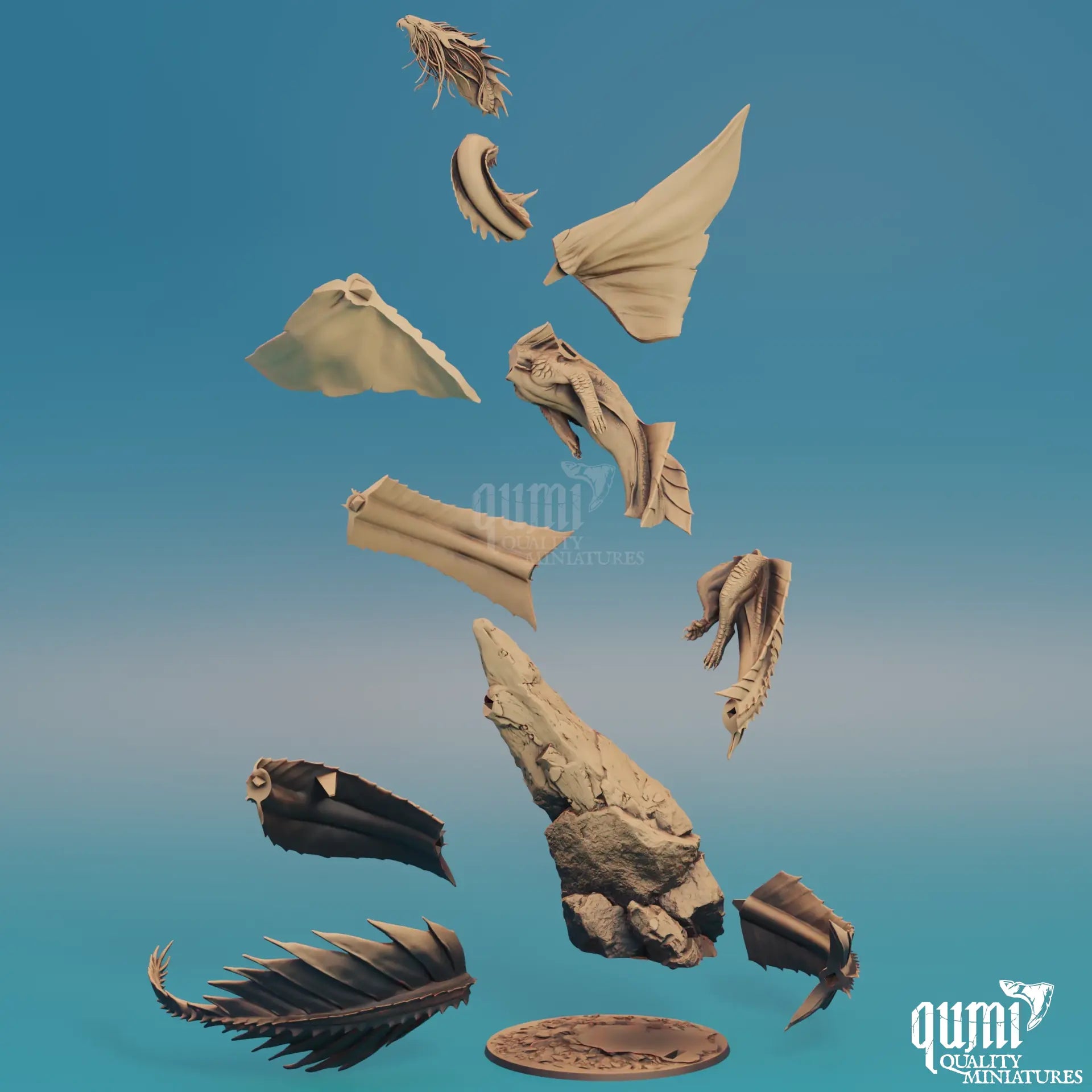 Set of game miniatures parts on a gradient blue background with 'Qumi Miniatures' branding.