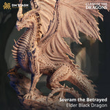 Seitenansicht der Sovram der Verratene schwarzer Drache 3D-gedruckten Resin Miniatur auf einem Felsvorsprung