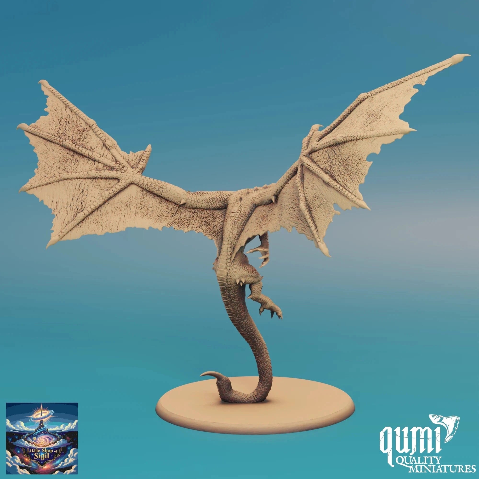 Dragon miniature figurine on a stand with a blue gradient background, featuring the Qumi Quality Miniatures logo.