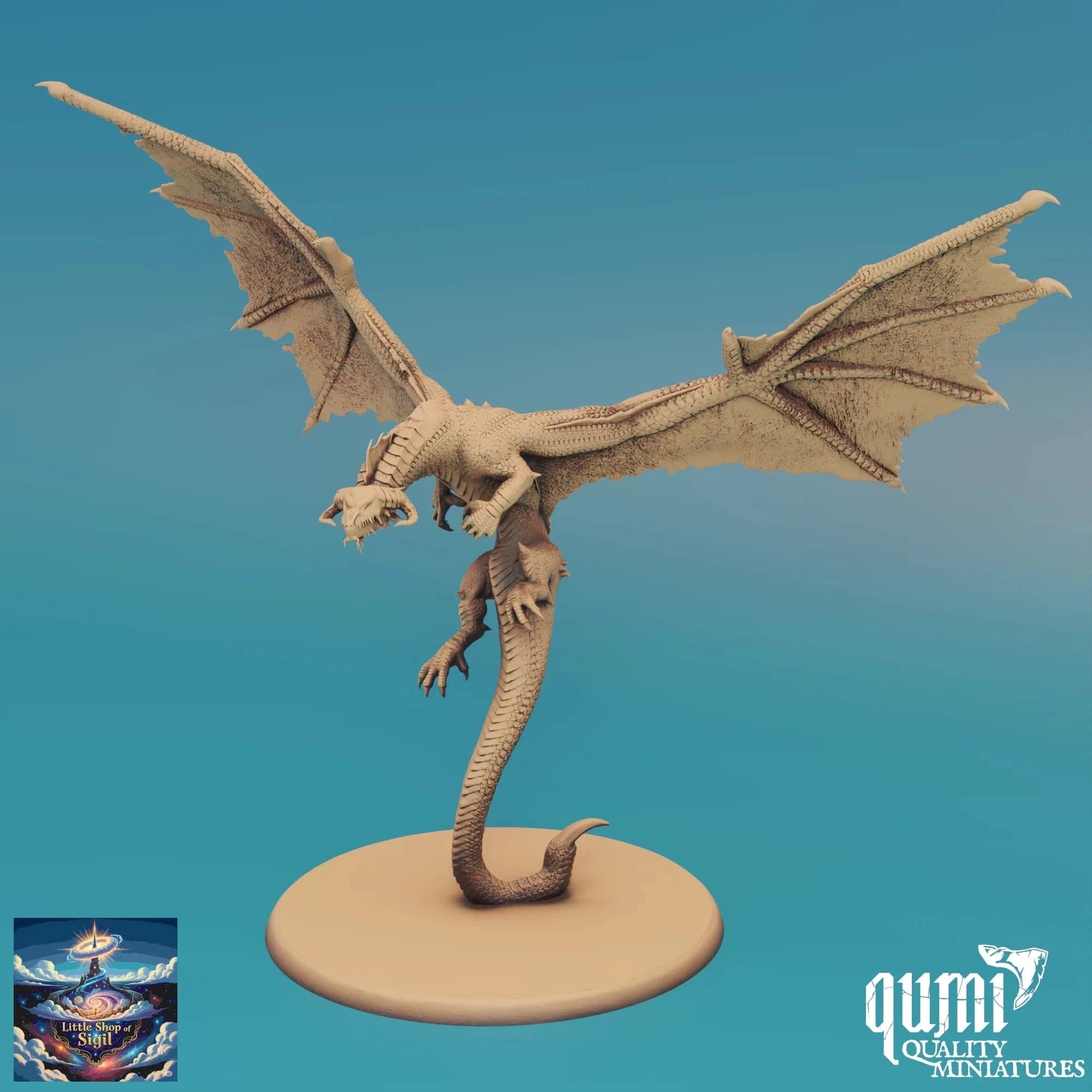 Dragon miniature figurine on a blue gradient background with 'qumi Quality Miniatures' branding.