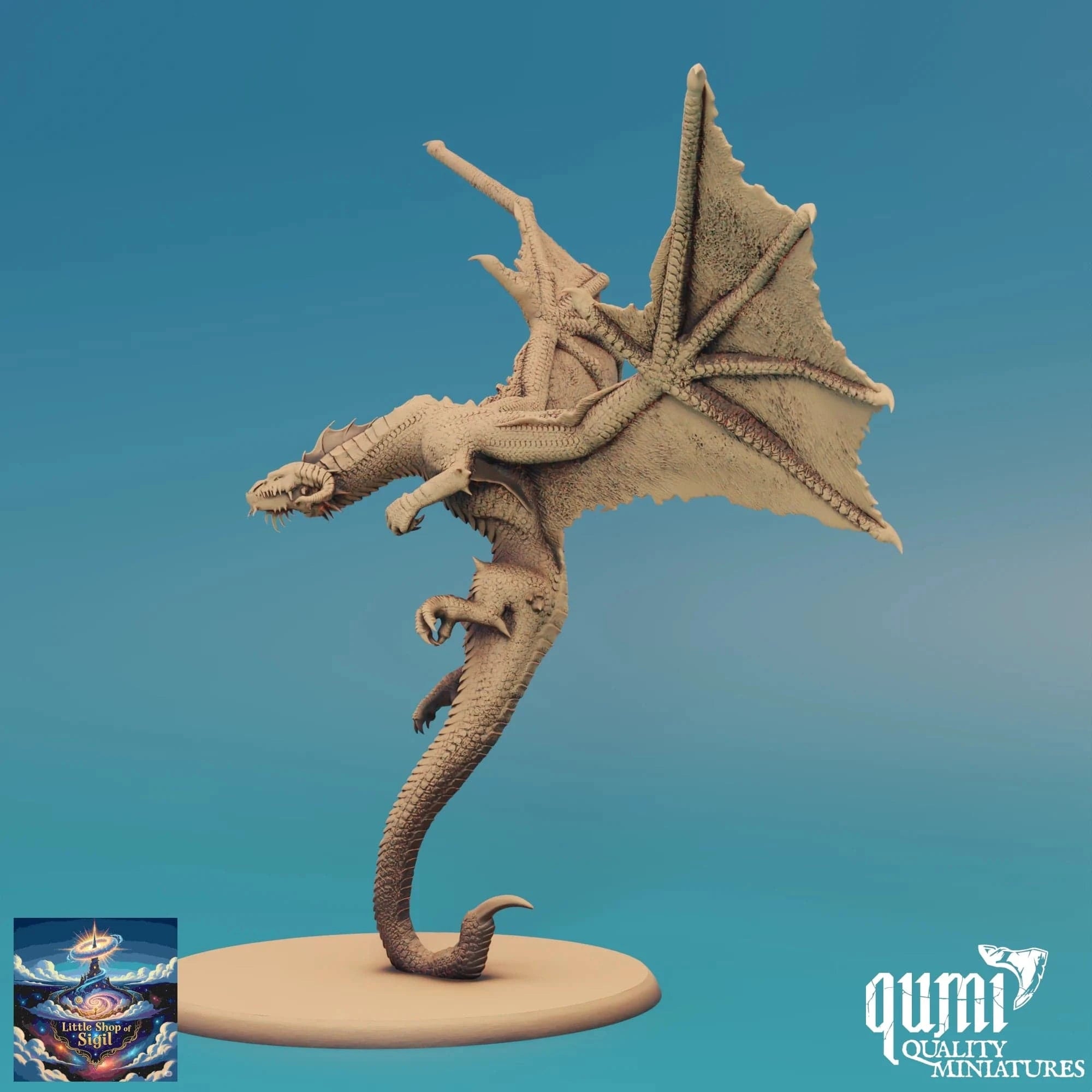 Dragon miniature figurine on a blue gradient background with 'qumi' branding.