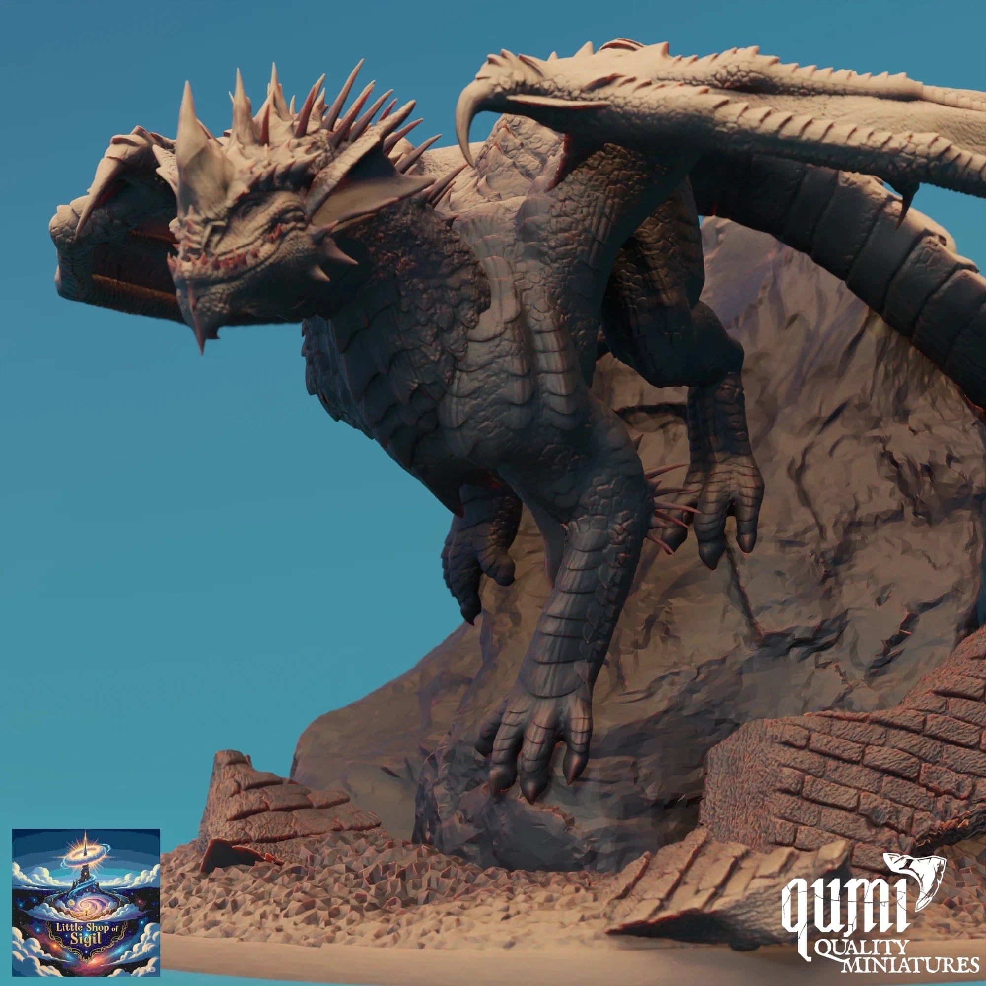 Dragon statue with detailed texture against a clear blue sky, featuring the Qumi Quality Miniatures logo.