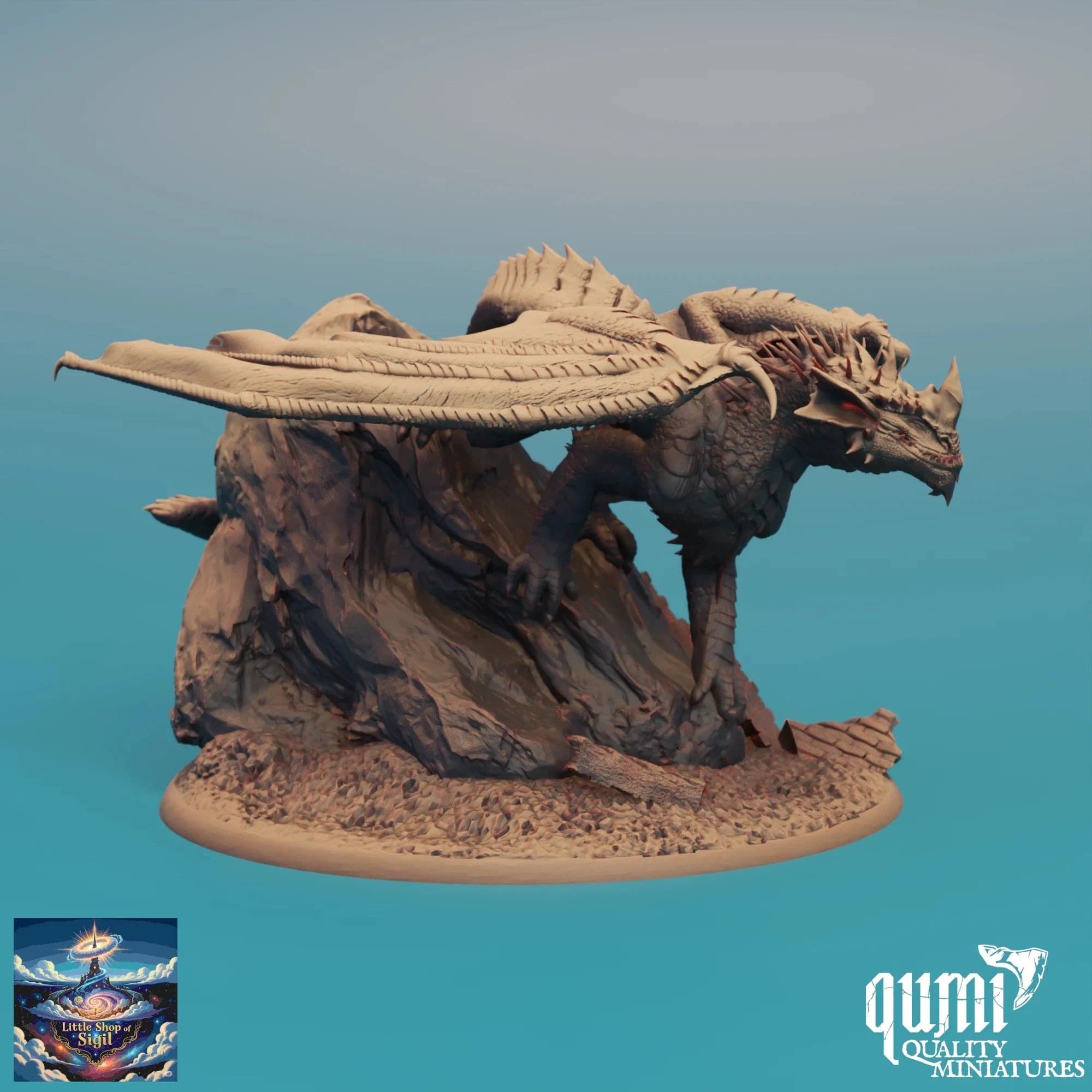 Dragon-like creature figurine on a blue background with 'qumi Quality Miniatures' branding.