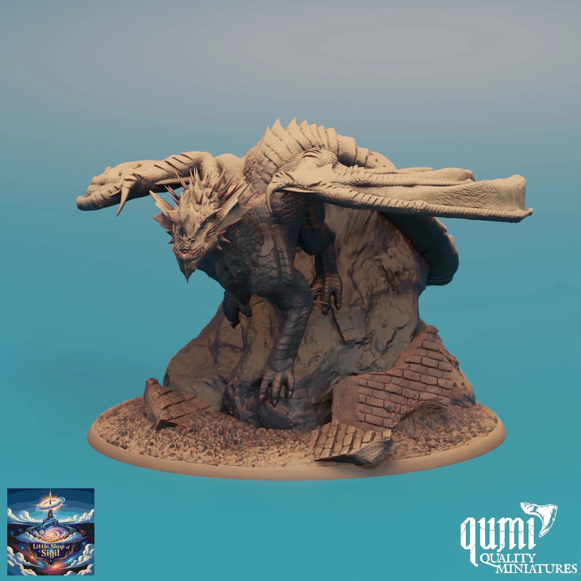Dragon-like creature figurine on a blue gradient background with 'qumi' branding.