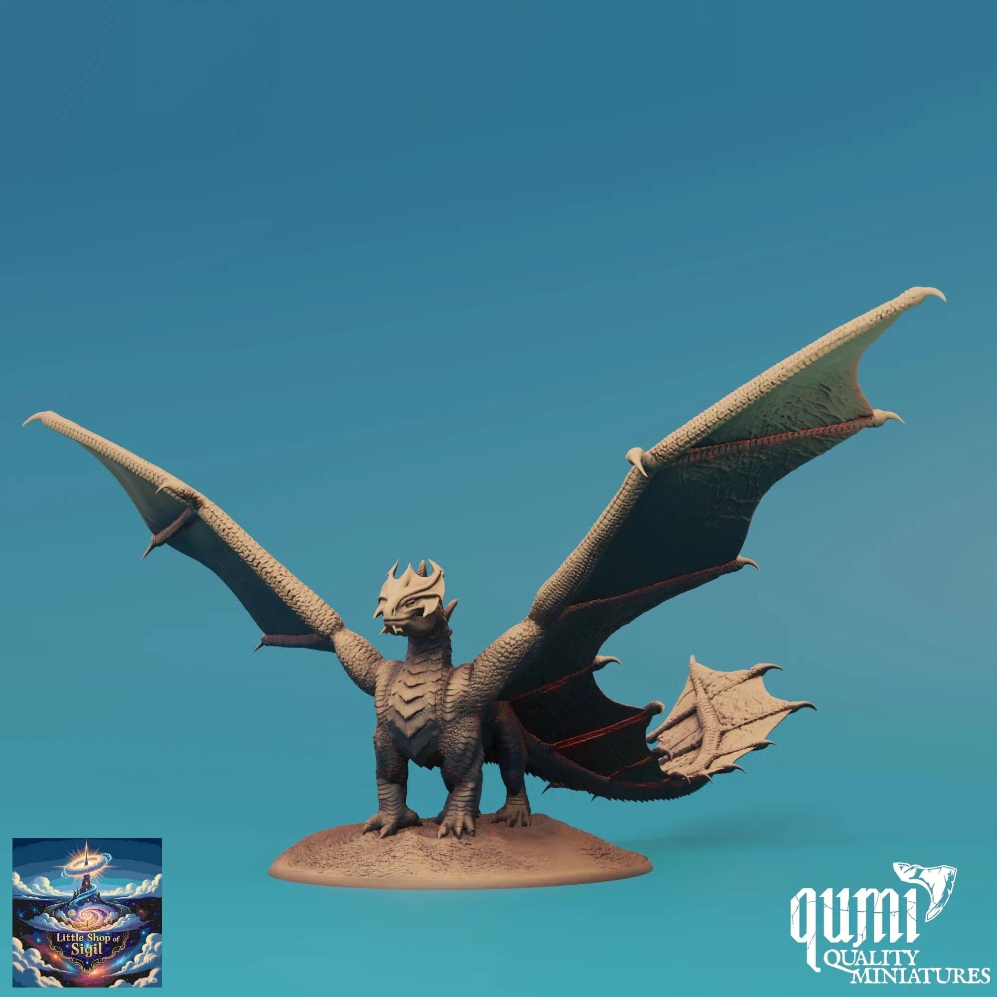 Dragon miniature figurine with open wings on a blue background, featuring the Qumi Quality Miniatures logo.