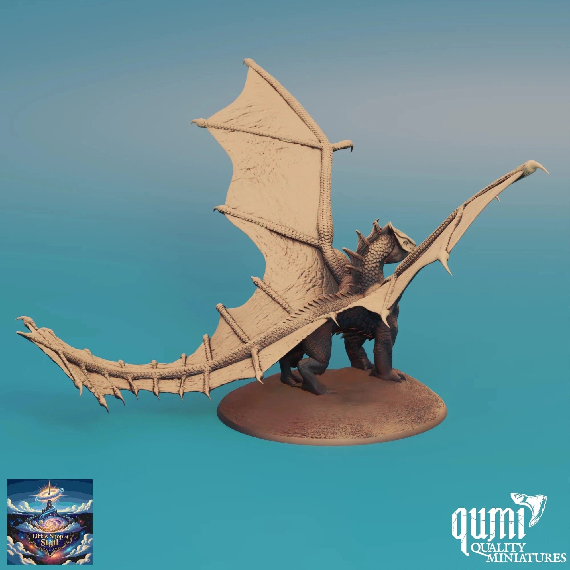Dragon miniature figurine on a blue gradient background with 'qumi' branding.