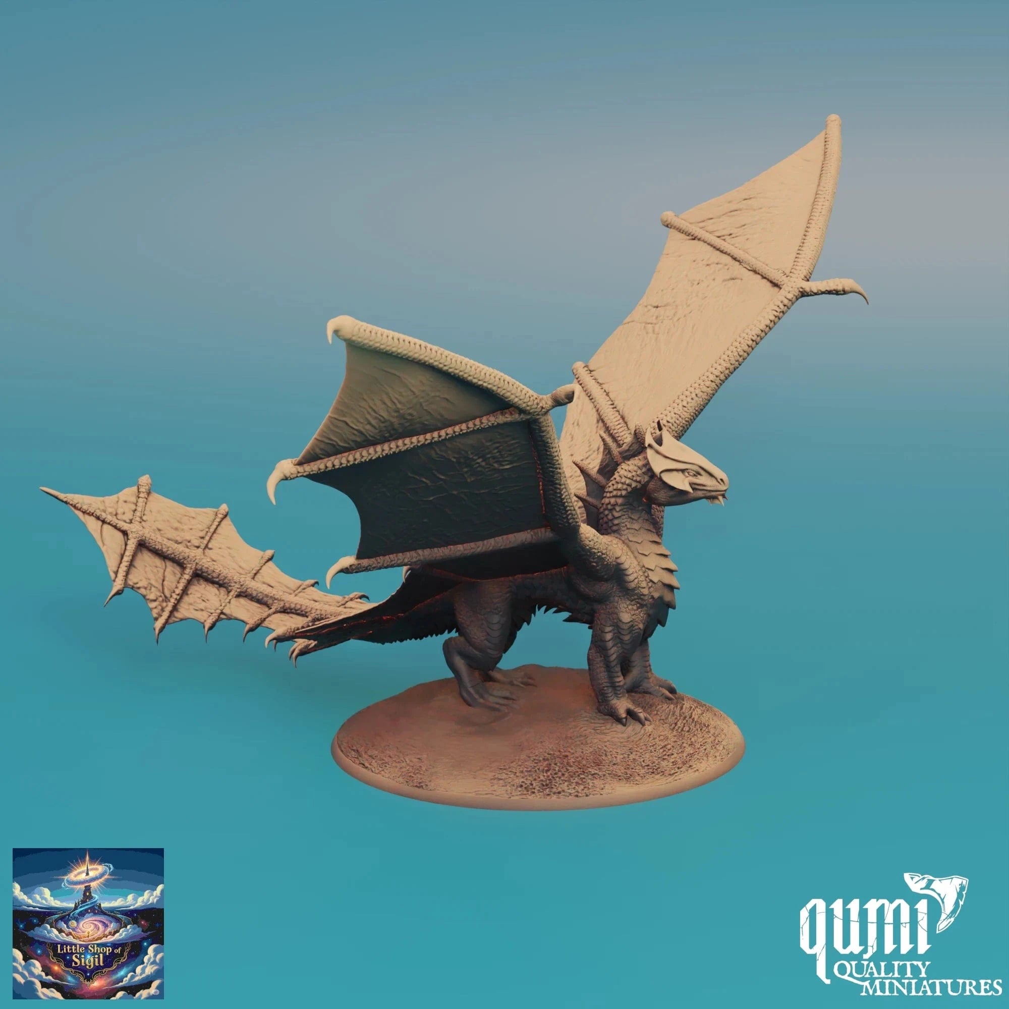 Dragon miniature figurine on a blue background with 'qumi Quality Miniatures' branding.