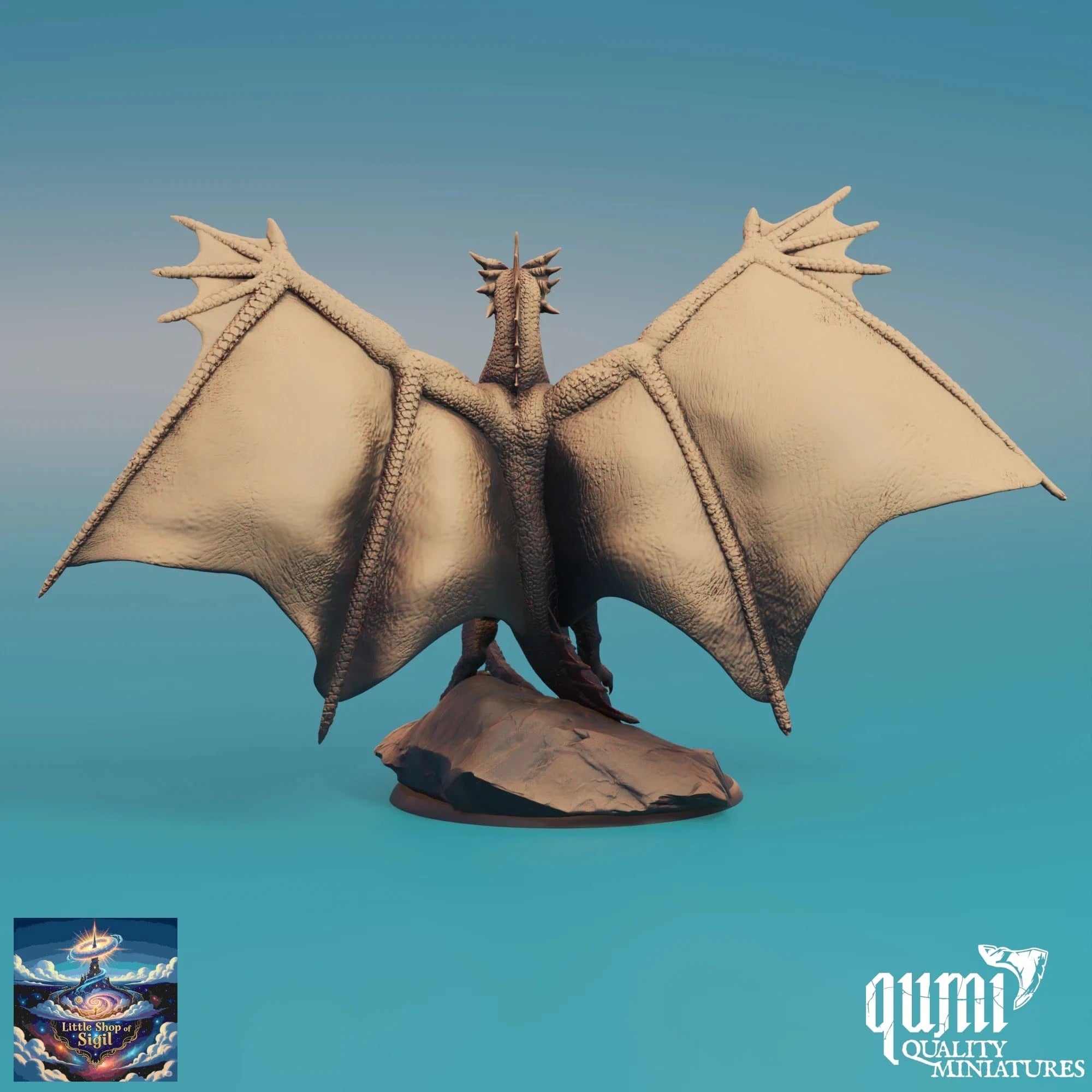 Dragon figurine with open wings on a blue background, featuring the Qumi Quality Miniatures logo.