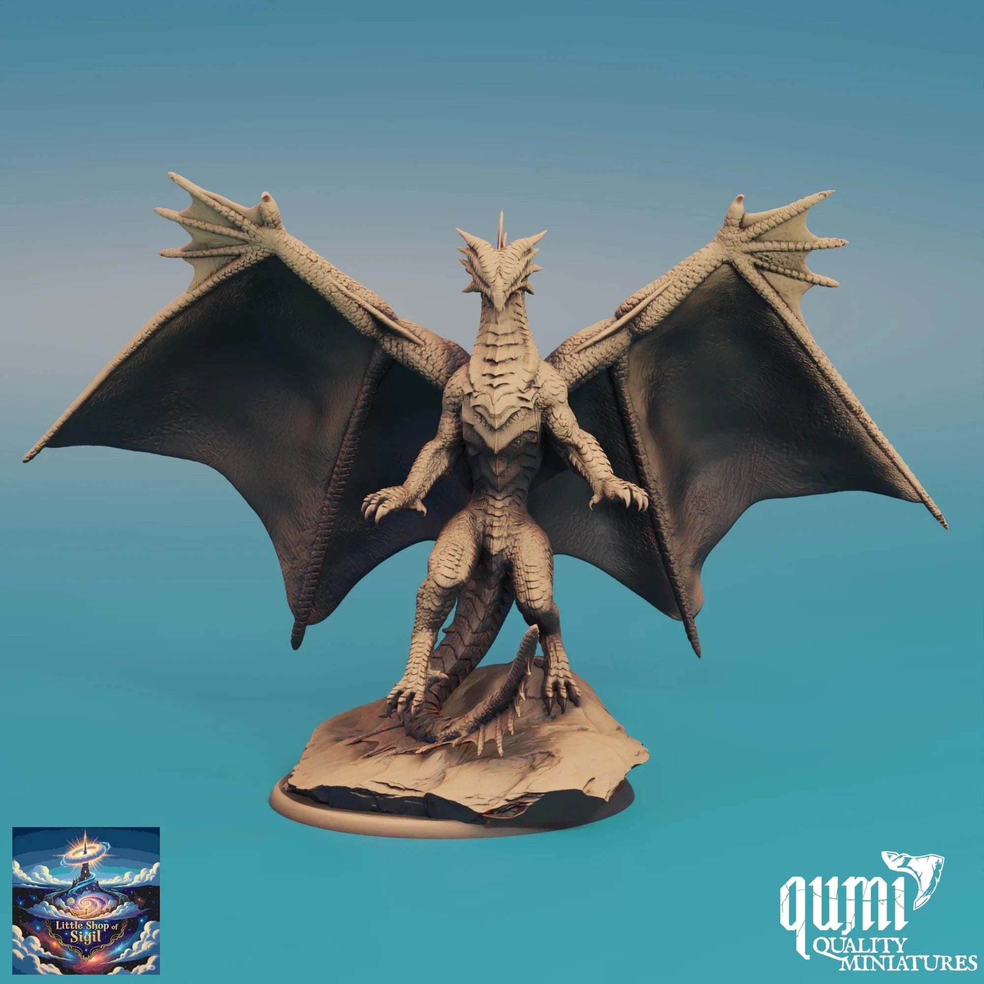 Dragon figurine with open wings on a blue gradient background, featuring the Qumi Quality Miniatures logo.