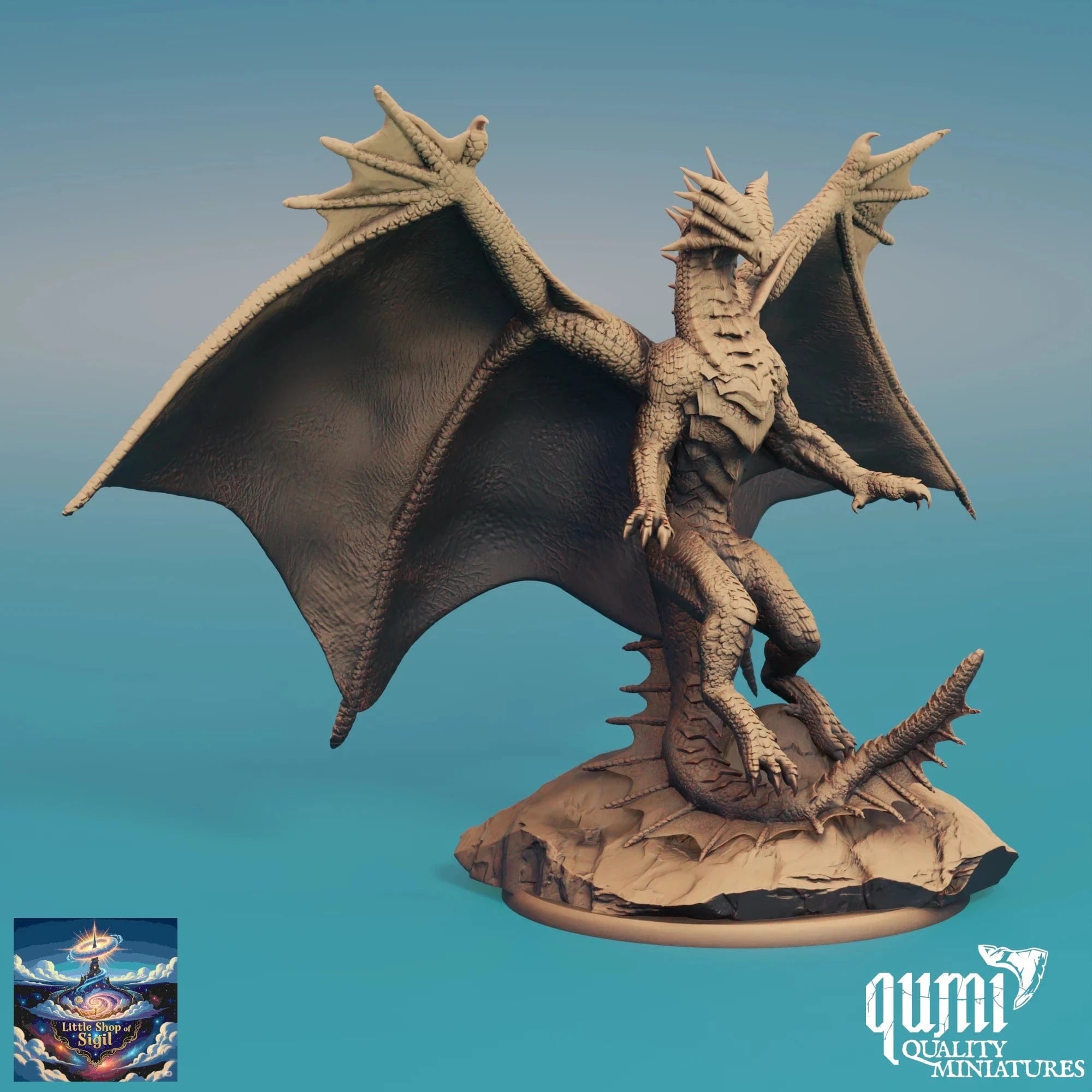 Dragon figurine on a blue gradient background with 'Qumi Quality Miniatures' branding.
