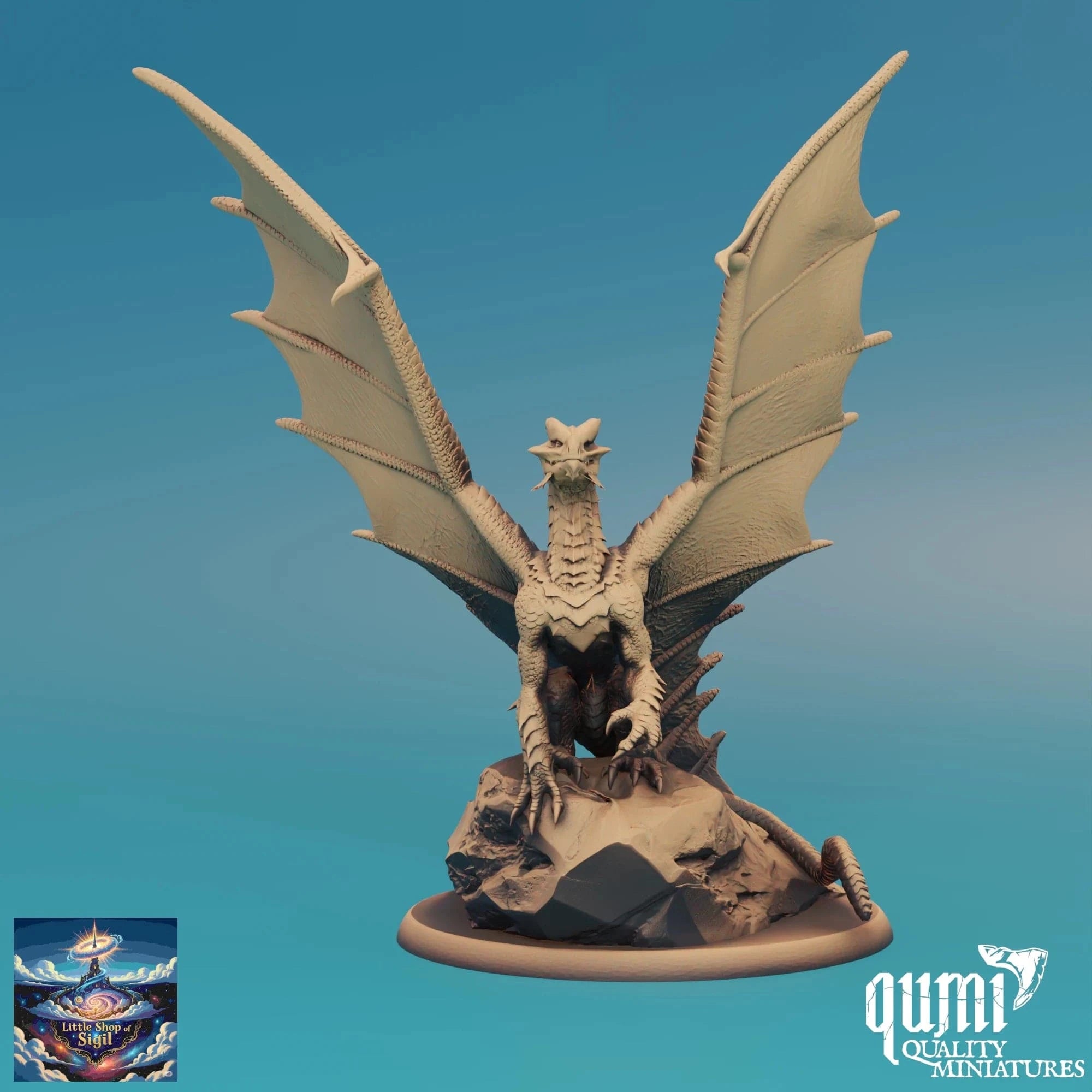 Dragon miniature figurine on a stand with a blue gradient background, featuring the Qumi Quality Miniatures logo.