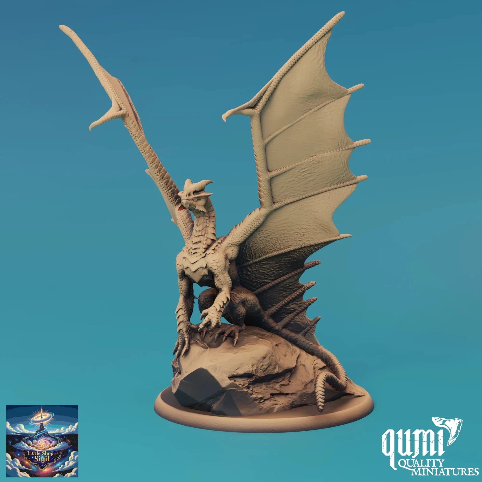Dragon miniature figurine on a blue background with 'qumi Quality Miniatures' branding.