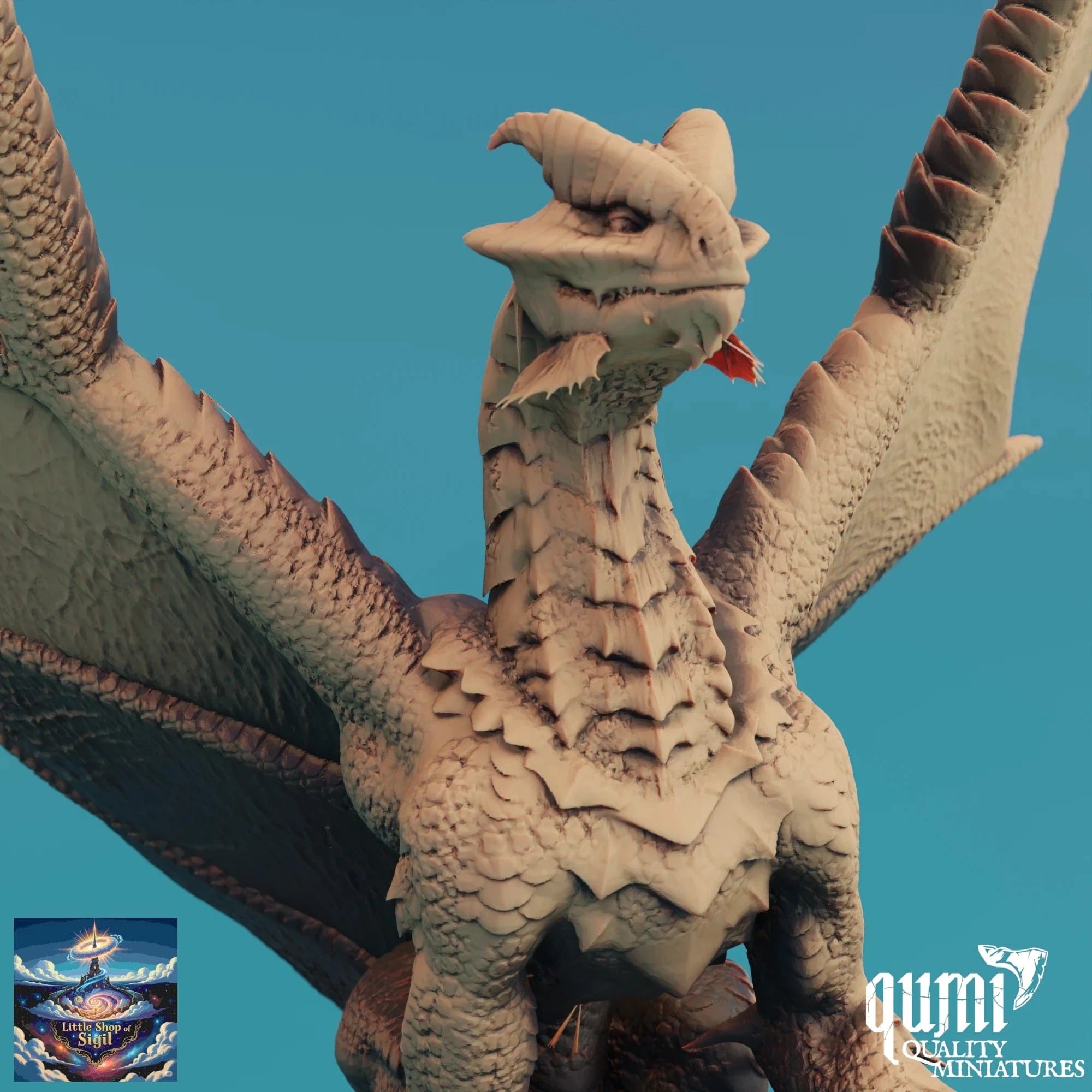 Dragon model with detailed scales and wings against a blue background, featuring the Qumi brand.