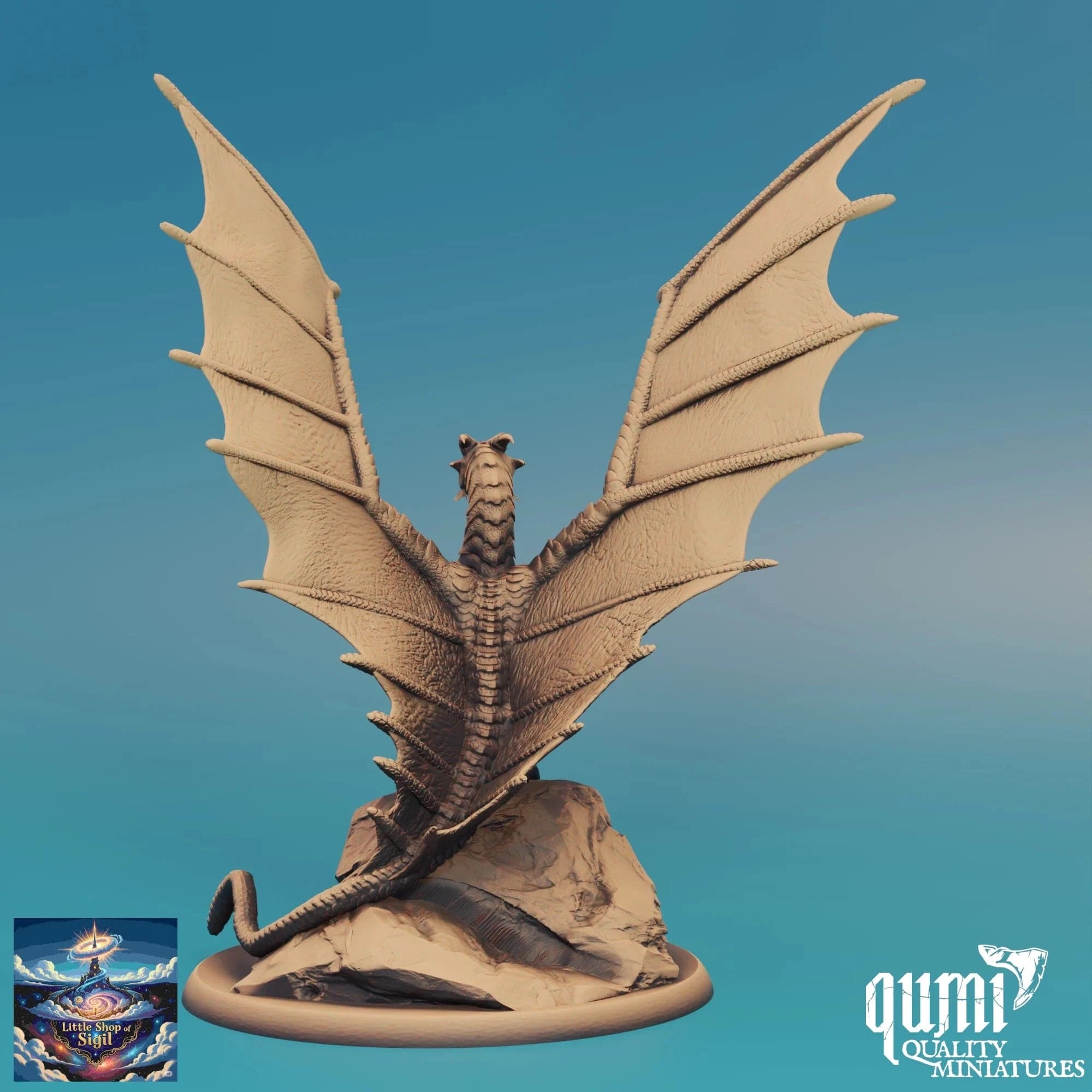 Dragon figurine with open wings on a blue gradient background, featuring the Qumi Quality Miniatures logo.
