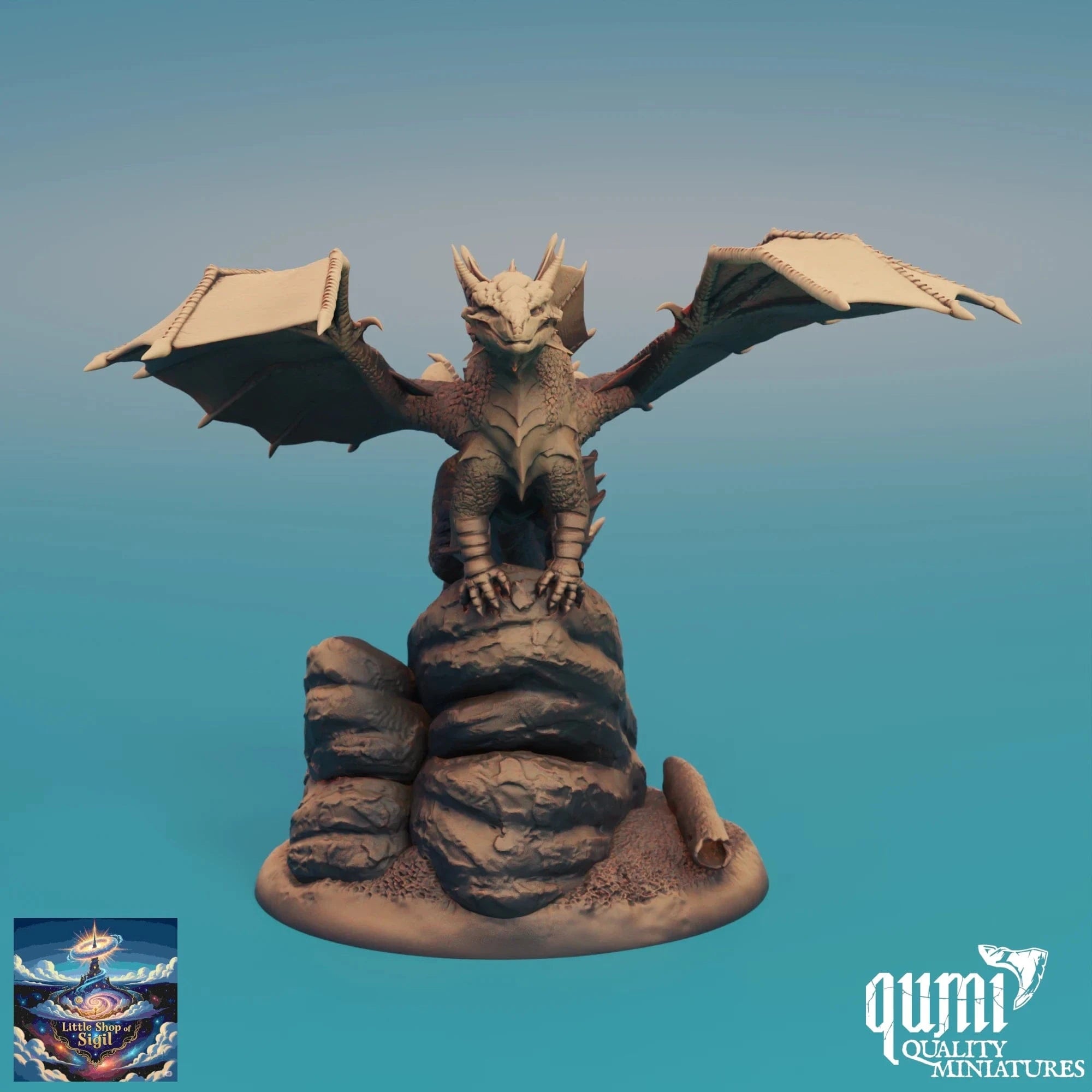 Dragon figurine on a rock with a blue gradient background, featuring the Qumi Quality Miniatures logo.
