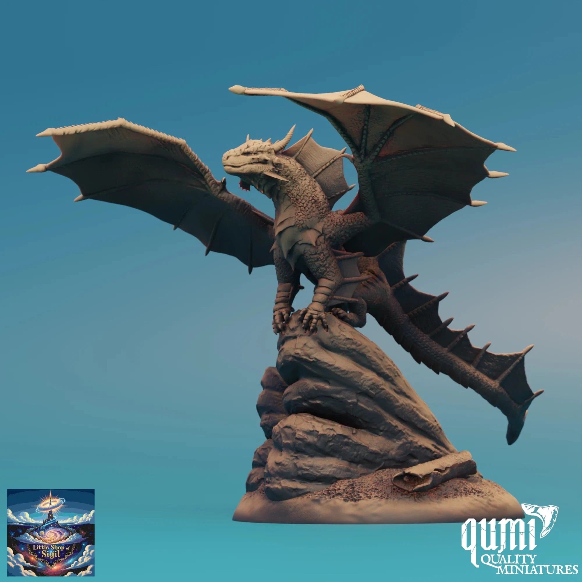 Dragon statue on a rock with a blue gradient background, featuring the Qumi Quality Miniatures logo.